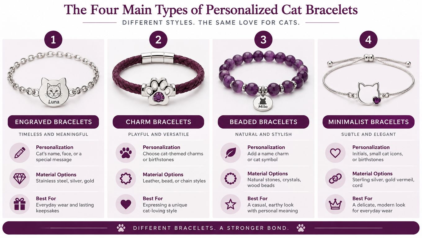 An infographic displaying four types of personalized cat bracelets: engraved, charm, beaded, and minimalist styles for pet lovers.