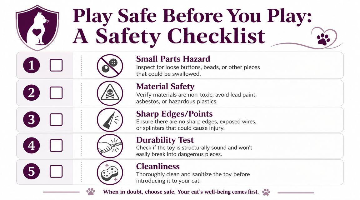A safety checklist infographic for cat owners, detailing five steps to ensure pet toy safety.