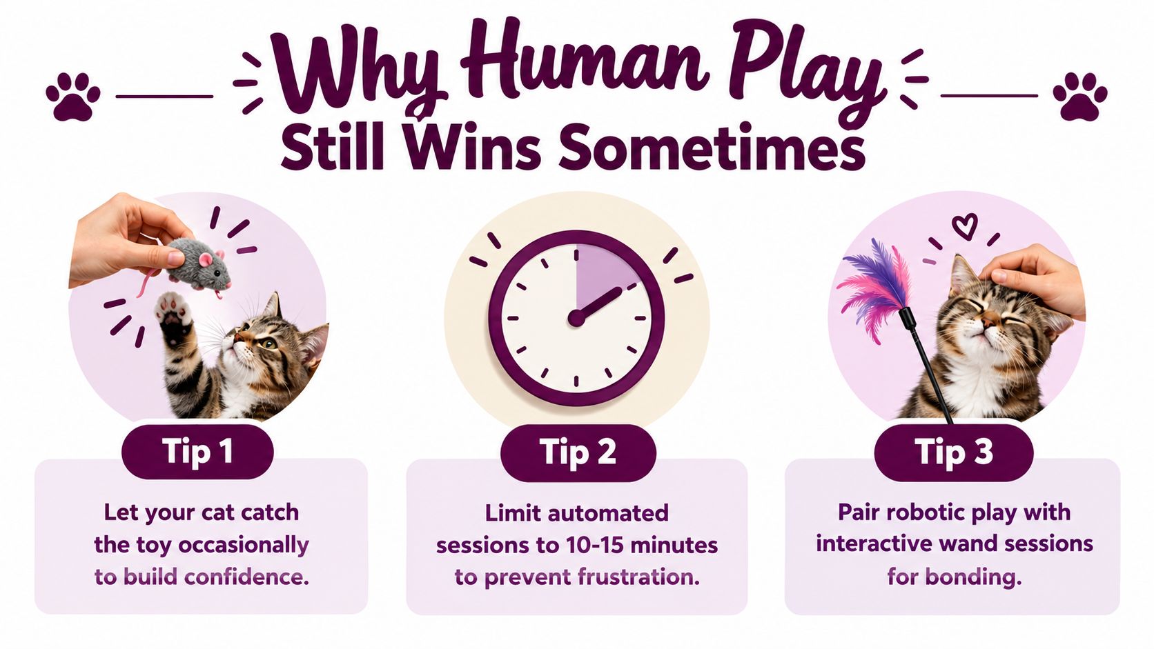 An infographic titled Why Human Play Still Wins Sometimes, providing three tips for playing with cats.