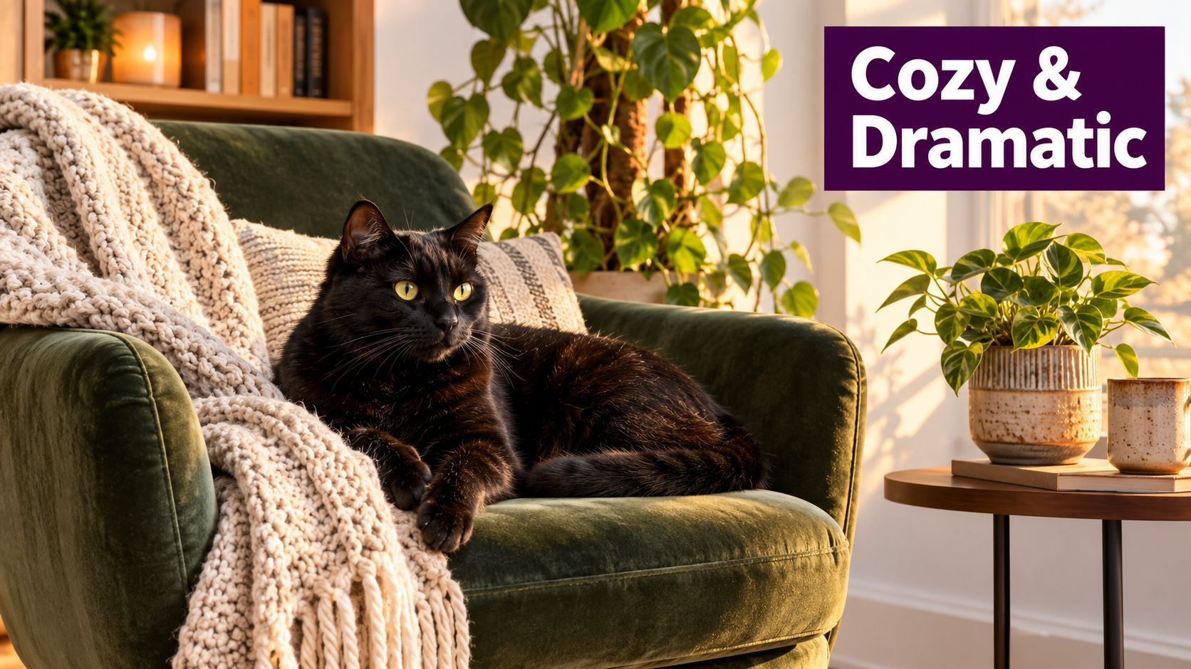 A black cat resting comfortably on a green velvet chair next to a potted plant indoors.
