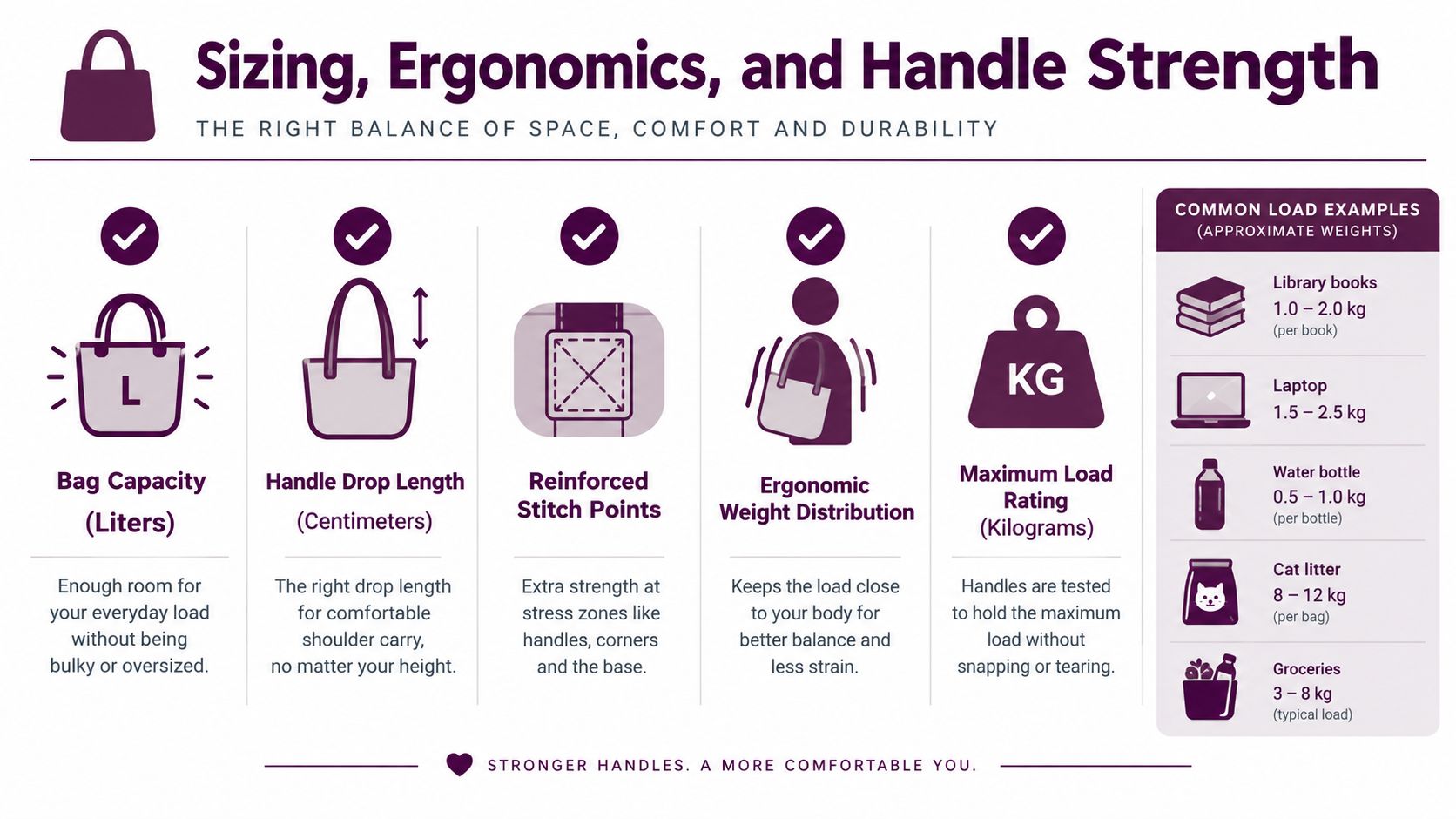An infographic detailing bag sizing, ergonomic design features, handle strength, and common weight load examples for tote bags.