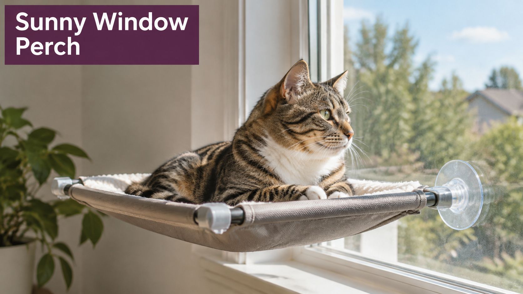 A brown tabby cat resting comfortably on a beige suction cup window perch during a sunny day.