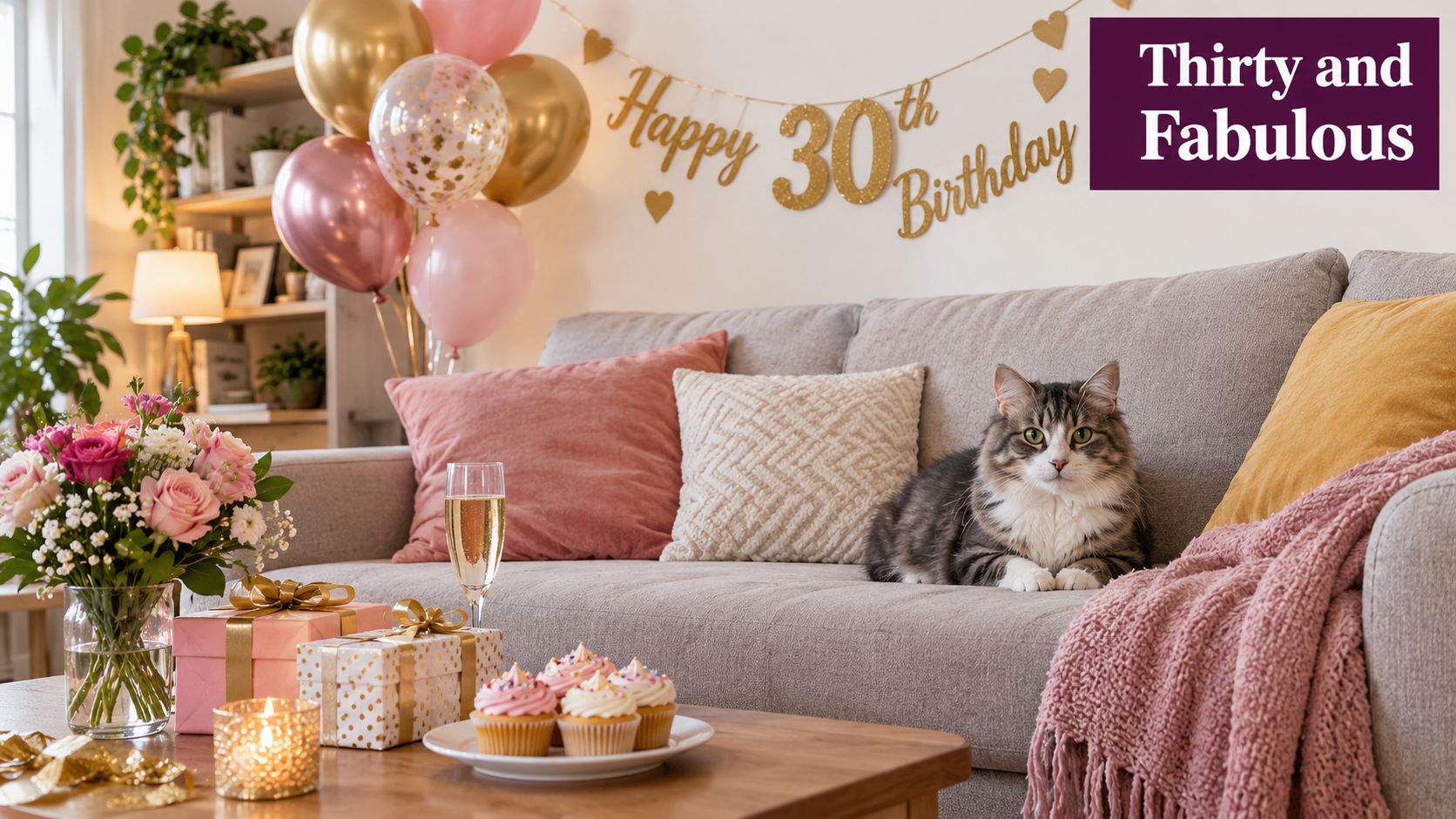 A cute cat sits on a gray couch surrounded by balloons and decorations for a 30th birthday party.