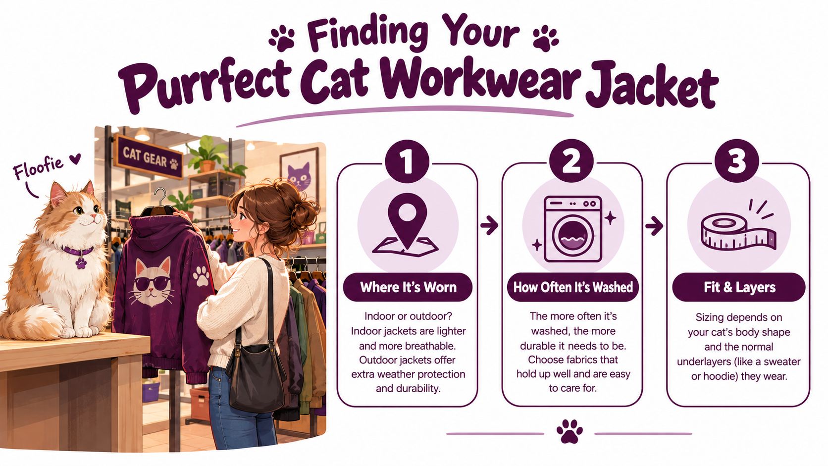 A woman shopping for a cat workwear jacket in a store with her fluffy pet cat.