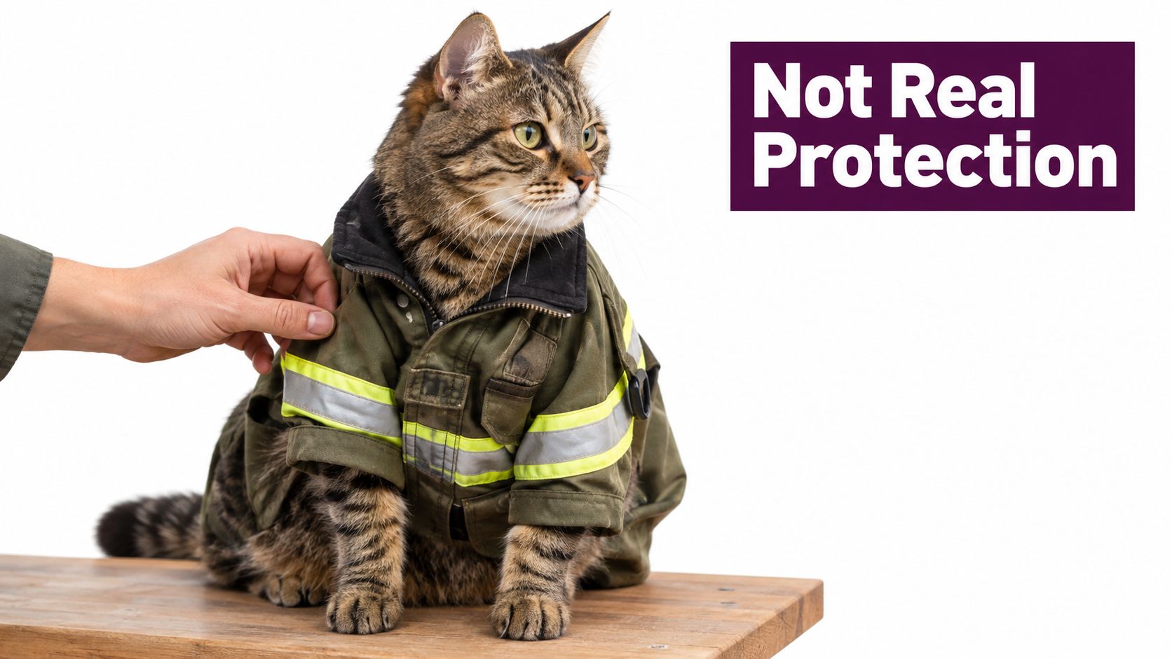 A domestic tabby cat wearing a miniature firefighter jacket sitting on a wooden surface with a person's hand.