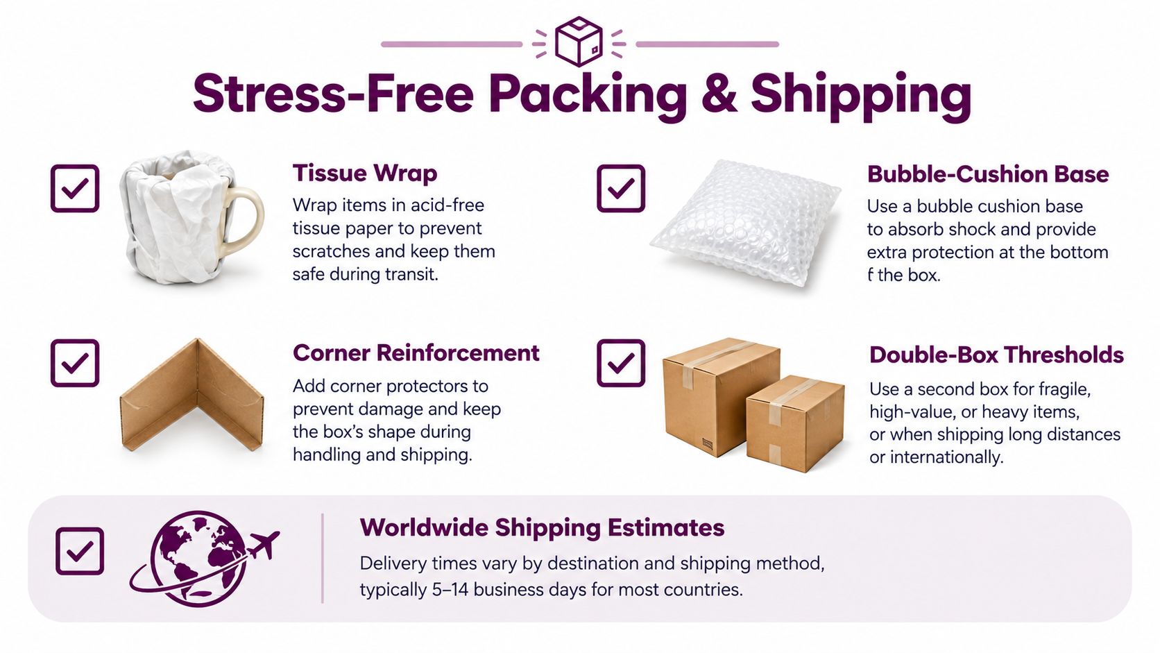 An infographic titled Stress-Free Packing and Shipping offering tips like tissue wrap, corner reinforcement, and double-boxing.