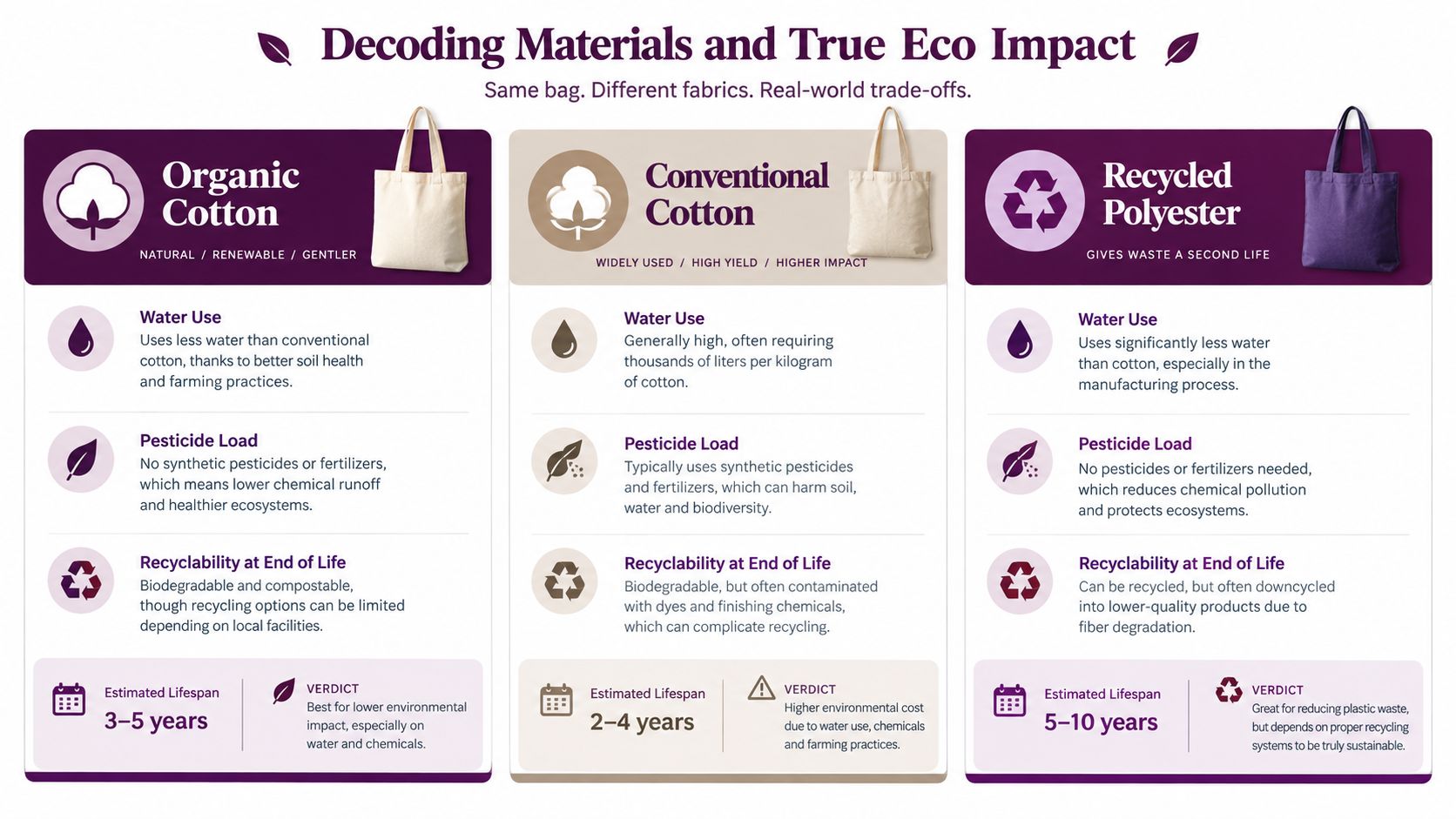 An infographic comparing the environmental impacts of organic cotton, conventional cotton, and recycled polyester tote bags.