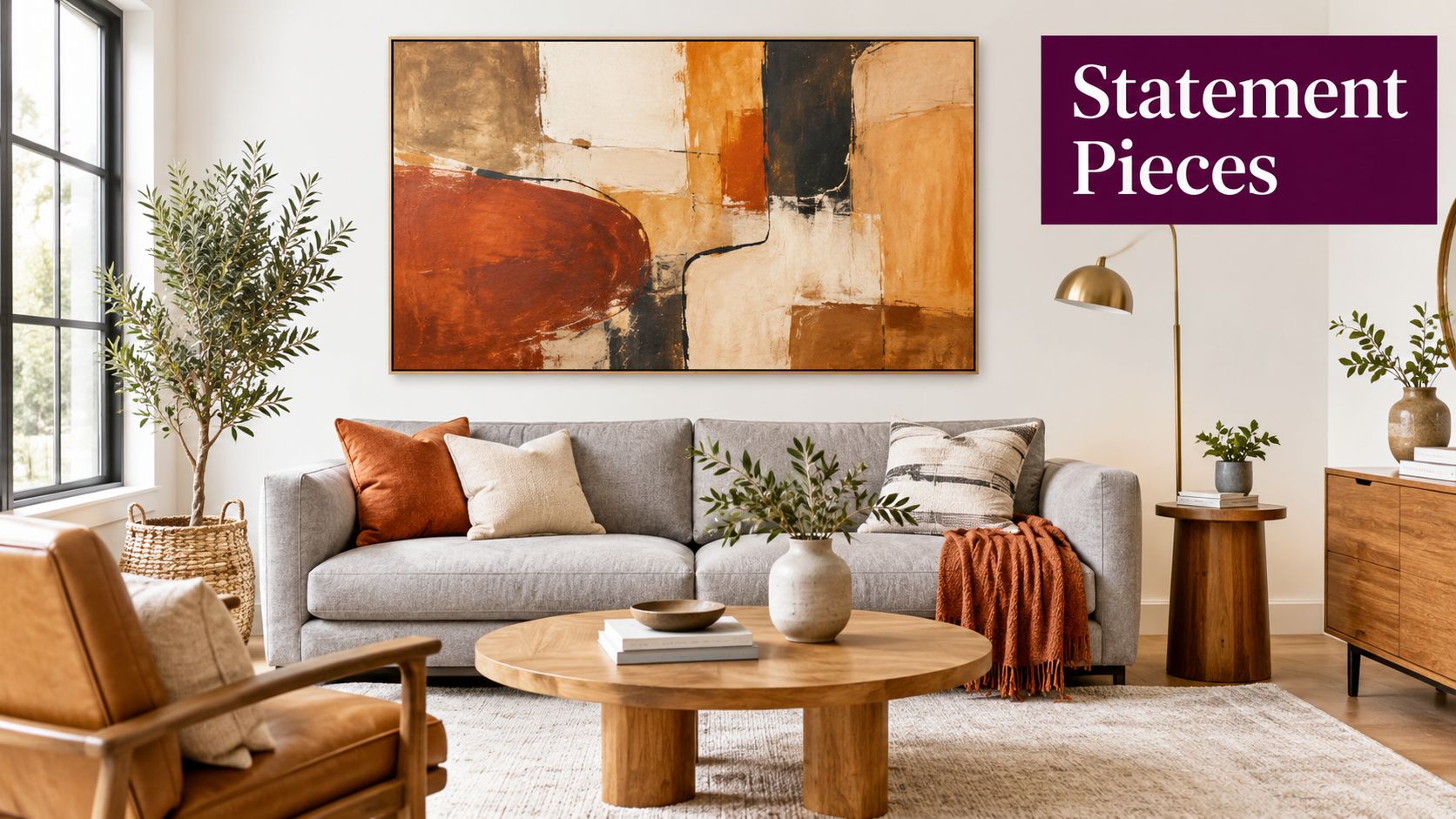 A modern living room with a large abstract painting, gray sofa, wooden furniture, and decorative indoor plants.