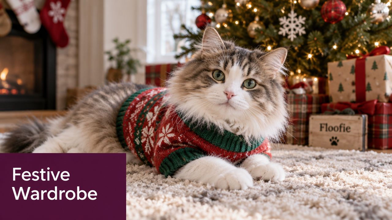 A fluffy cat wearing a festive red and green patterned Christmas sweater lying on a rug.