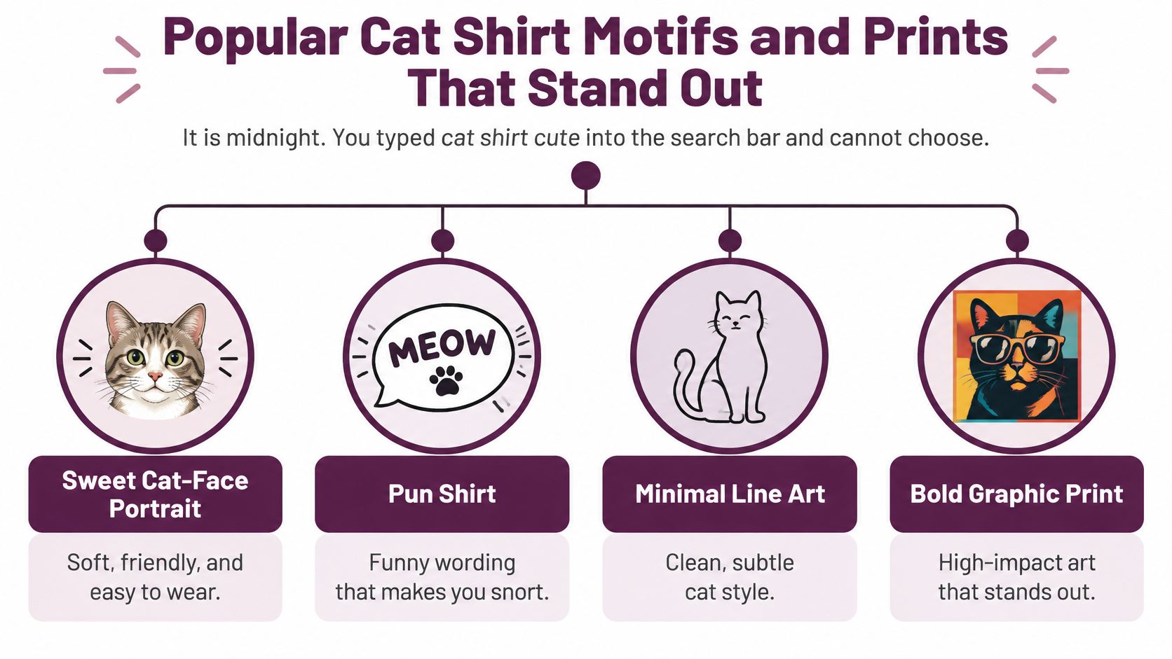 A visual guide showcasing four popular styles of cute cat shirts: portrait, pun, minimal, and bold graphics.