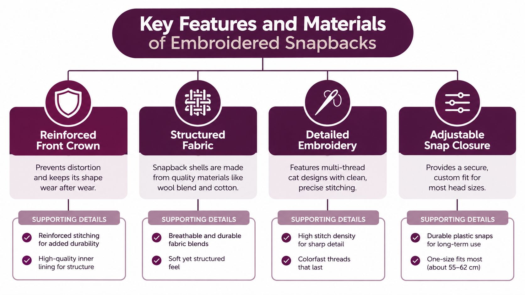 An infographic detailing the features and material quality of embroidered snapback hats for headwear fashion.