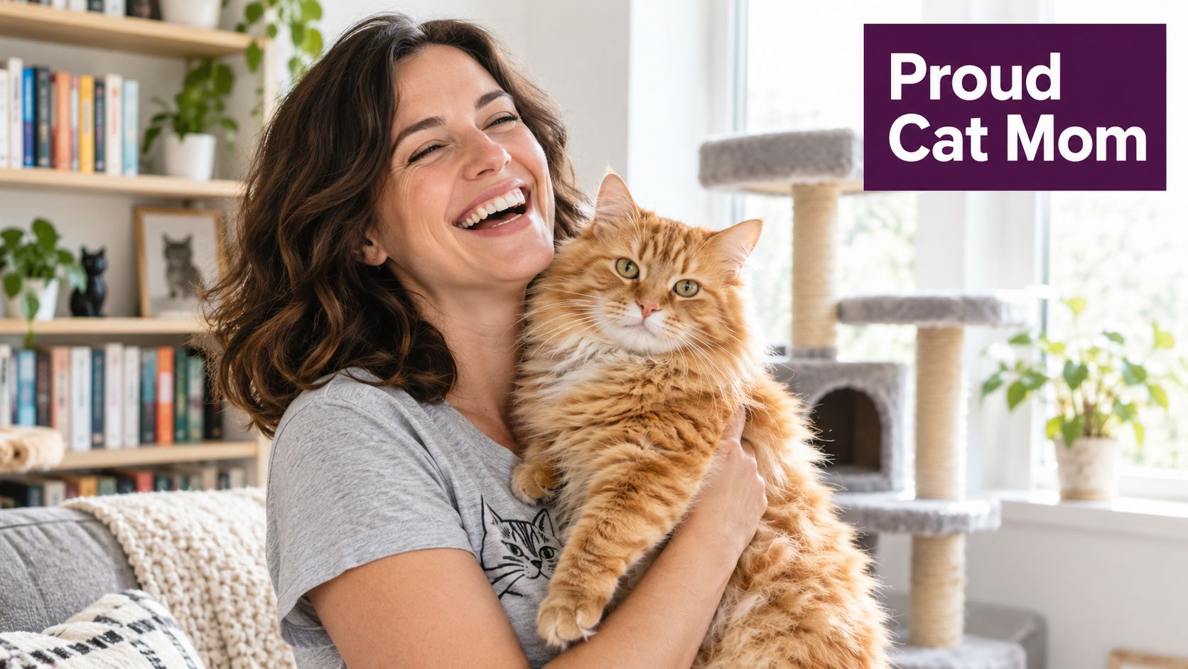 A happy woman wearing a cat-themed shirt holding her fluffy orange cat in a bright living room.