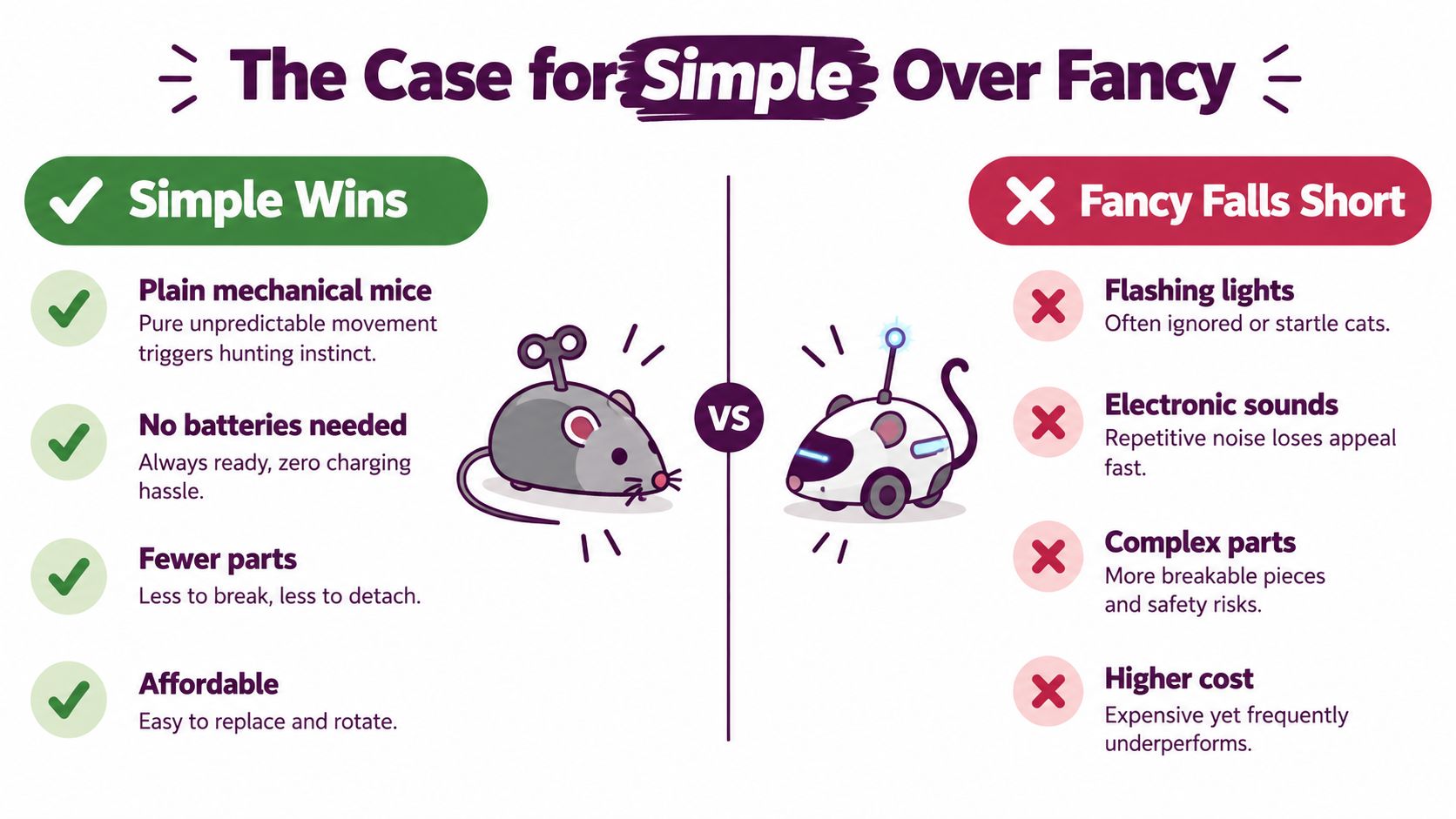 An infographic comparing simple wind-up cat toys against complex electronic toys, emphasizing simplicity for pet play.