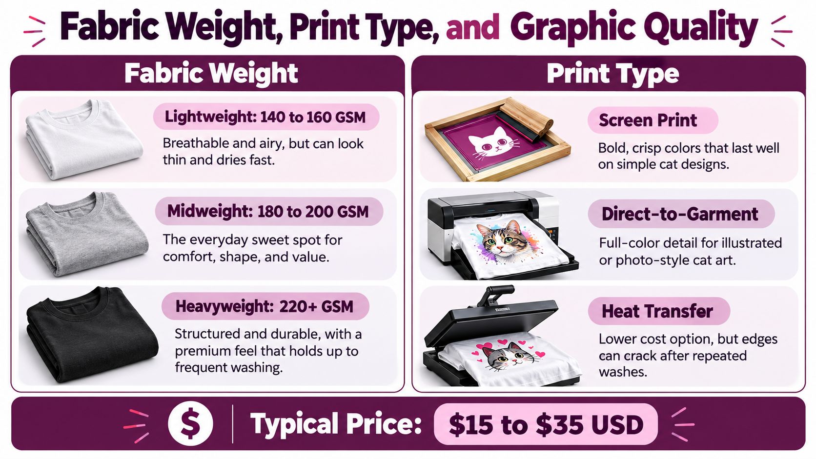 A guide comparing fabric weights, various t-shirt printing methods, and their typical price range for custom apparel.