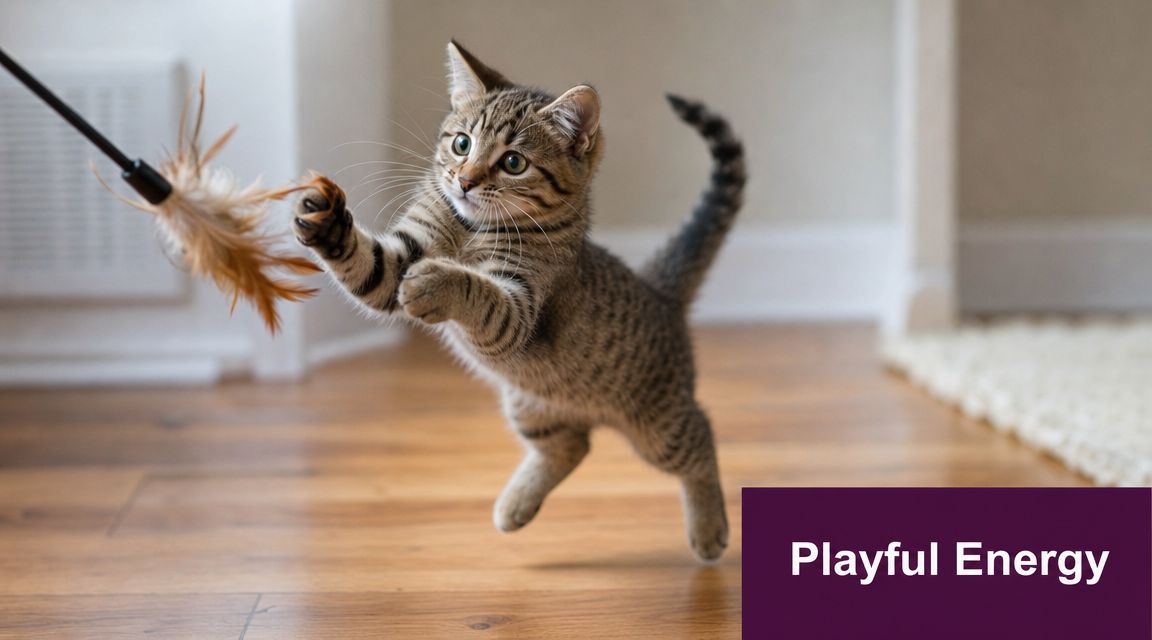 A playful brown tabby kitten jumping in the air to catch a feather toy wand.