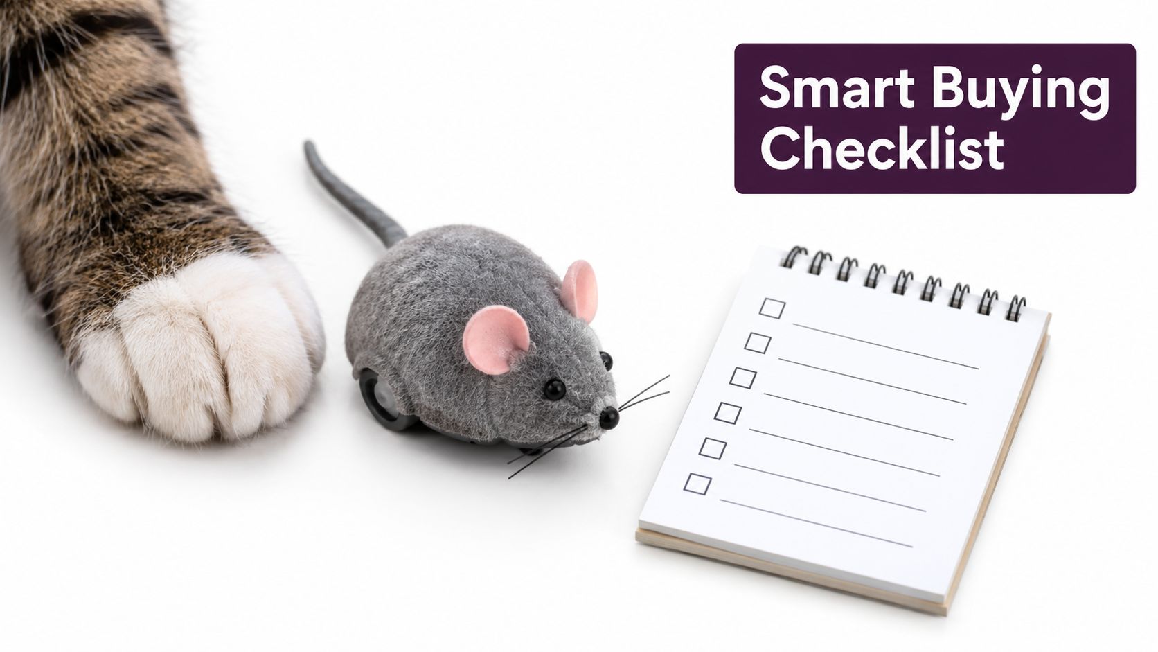 A close up of a cat paw beside a grey robotic mouse toy and a shopping checklist notebook.