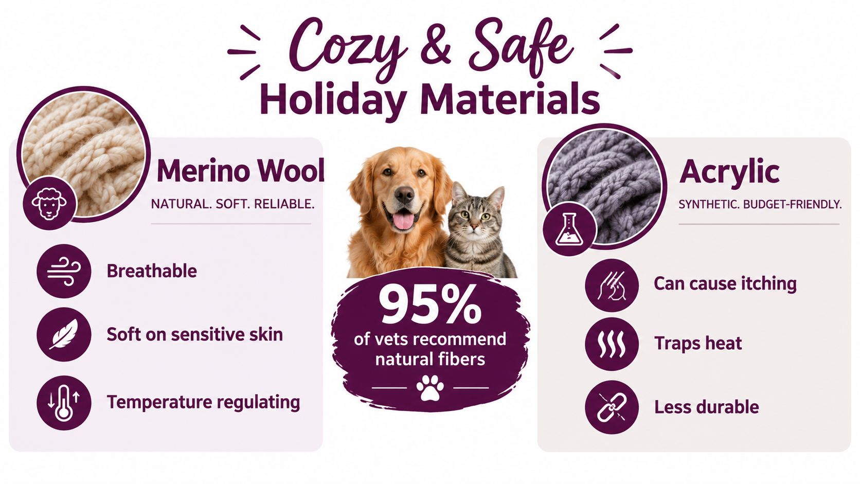 A comparison infographic between natural Merino wool and synthetic acrylic materials for pet-friendly holiday clothing.