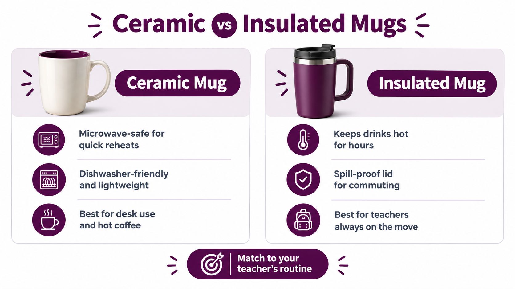 A comparison chart showing benefits of ceramic mugs versus insulated mugs for teacher daily routines.