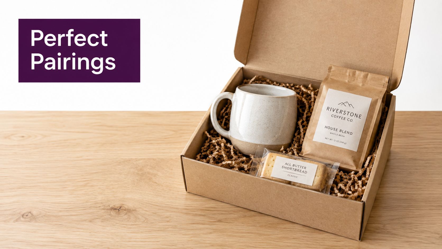 A gift box containing a ceramic mug, a bag of Riverstone coffee, and butter shortbread cookies.