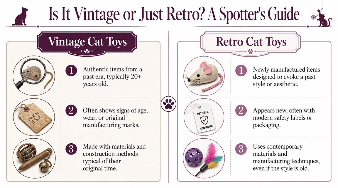 An infographic titled Is It Vintage or Just Retro comparing characteristics of vintage versus retro cat toys.