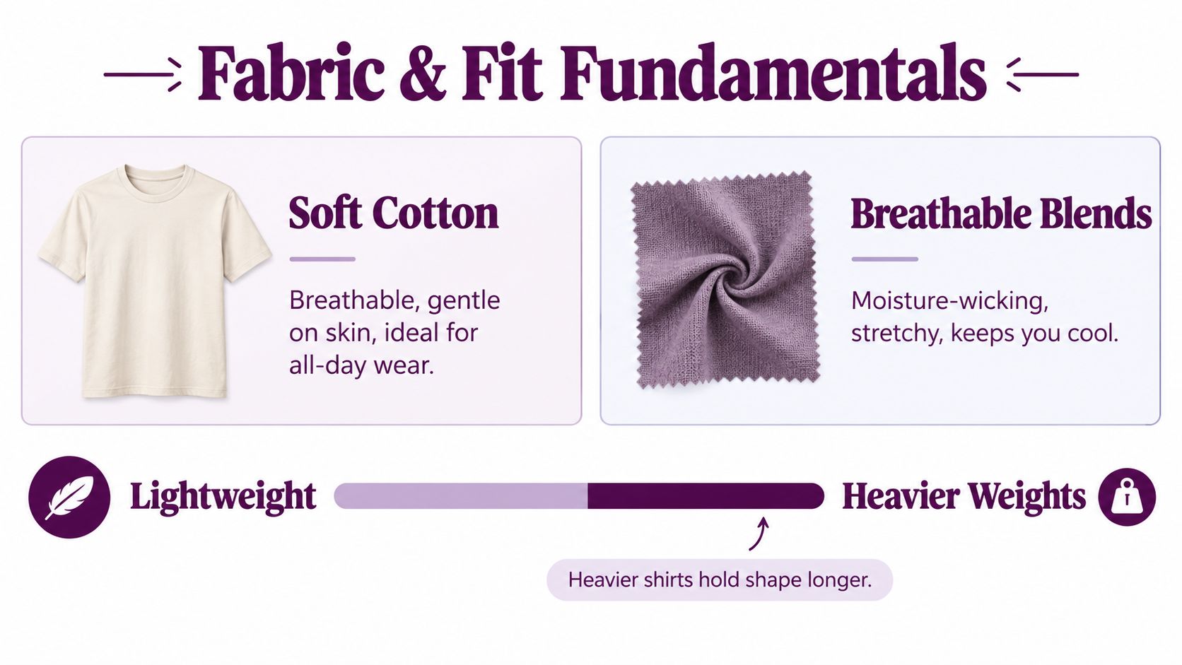 A guide showing clothing fabric types including soft cotton and breathable blends, plus weight options.