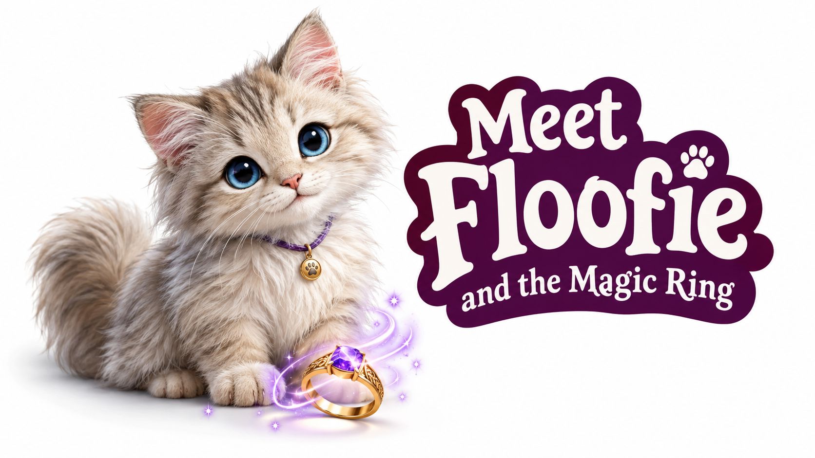 A cute fluffy kitten with bright blue eyes sits next to a glowing magic purple ring.
