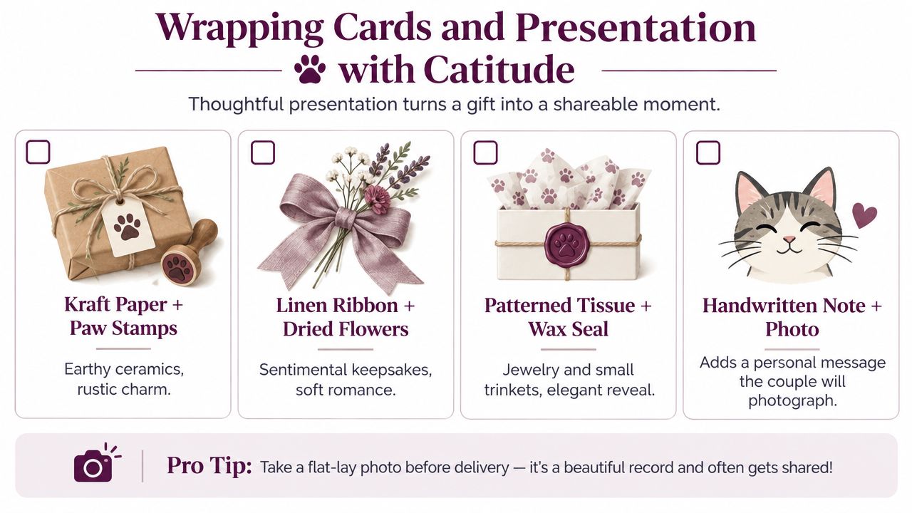 Four creative cat-themed gift wrapping ideas including paper, flowers, wax seals, and personalized notes for weddings.