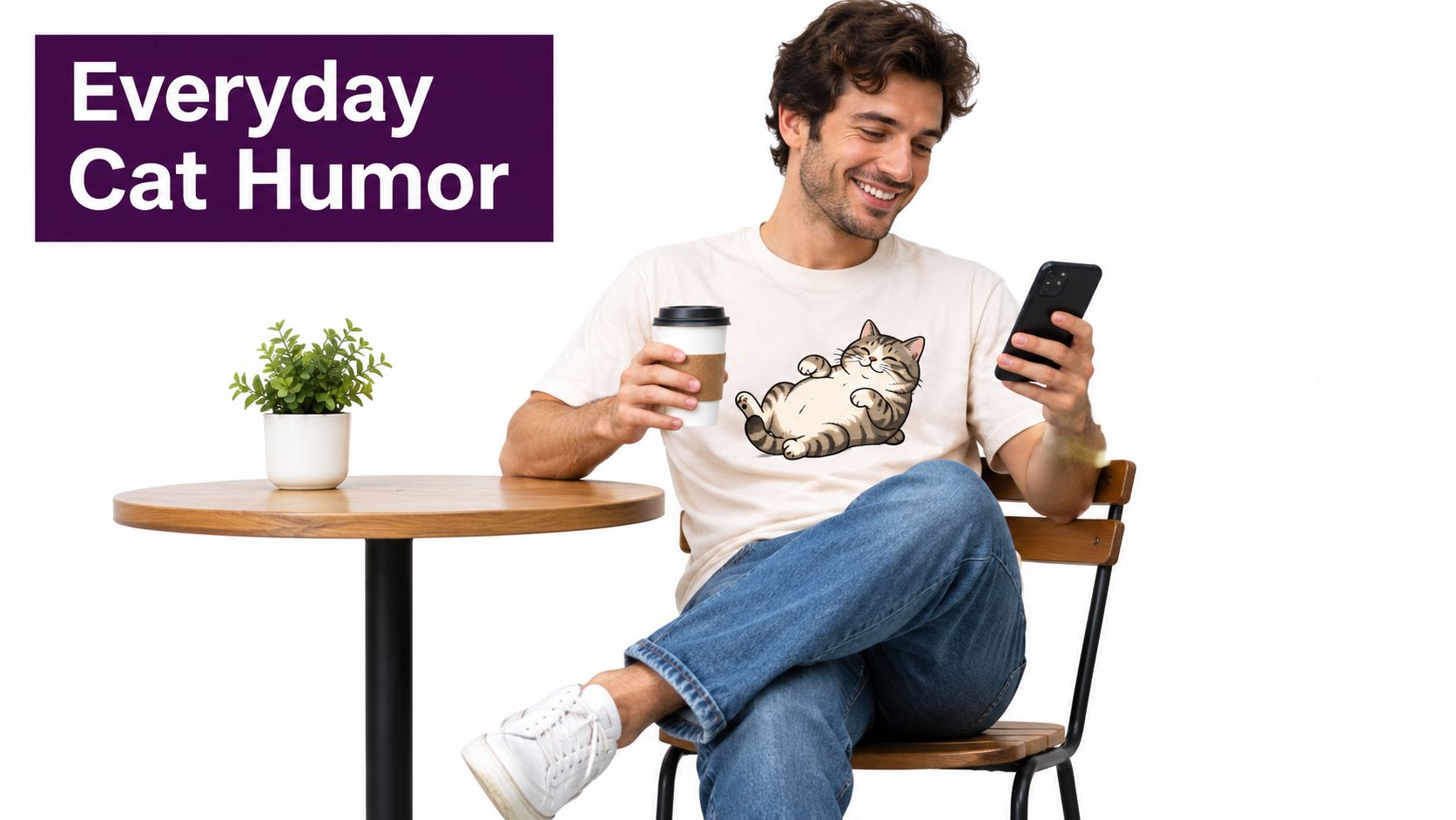 A happy man wearing a t-shirt with a cartoon cat illustration, drinking coffee while using a smartphone.
