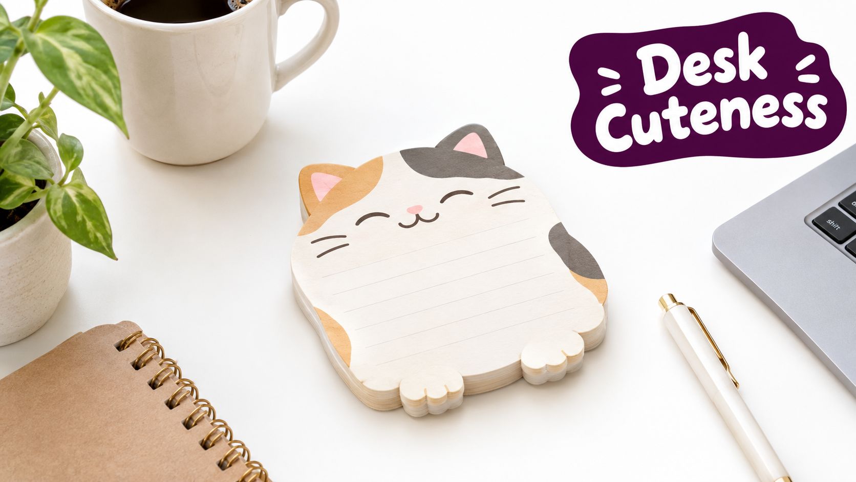 A cute cat-shaped notepad sits on a white desk next to a coffee mug and notebook.