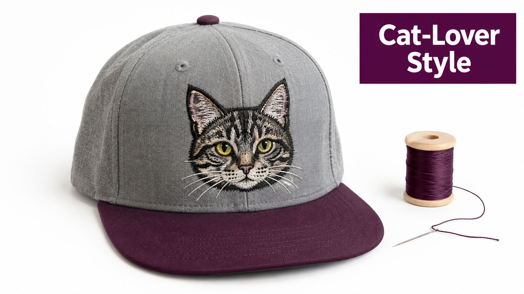 A gray snapback cap featuring an embroidered tabby cat face, next to a spool of purple thread.