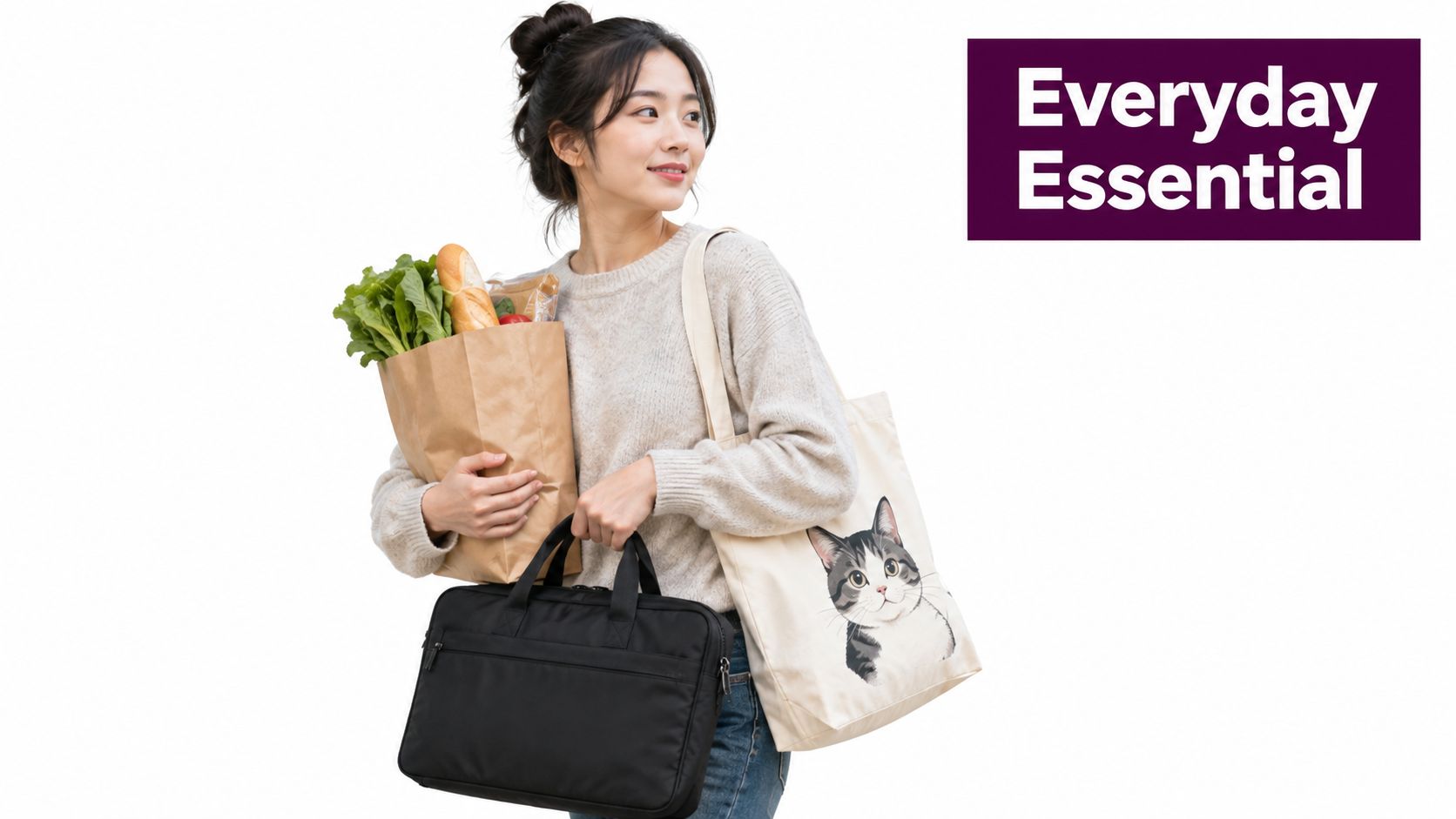 A young woman holding a paper grocery bag, a laptop briefcase, and a cat-themed canvas tote bag.