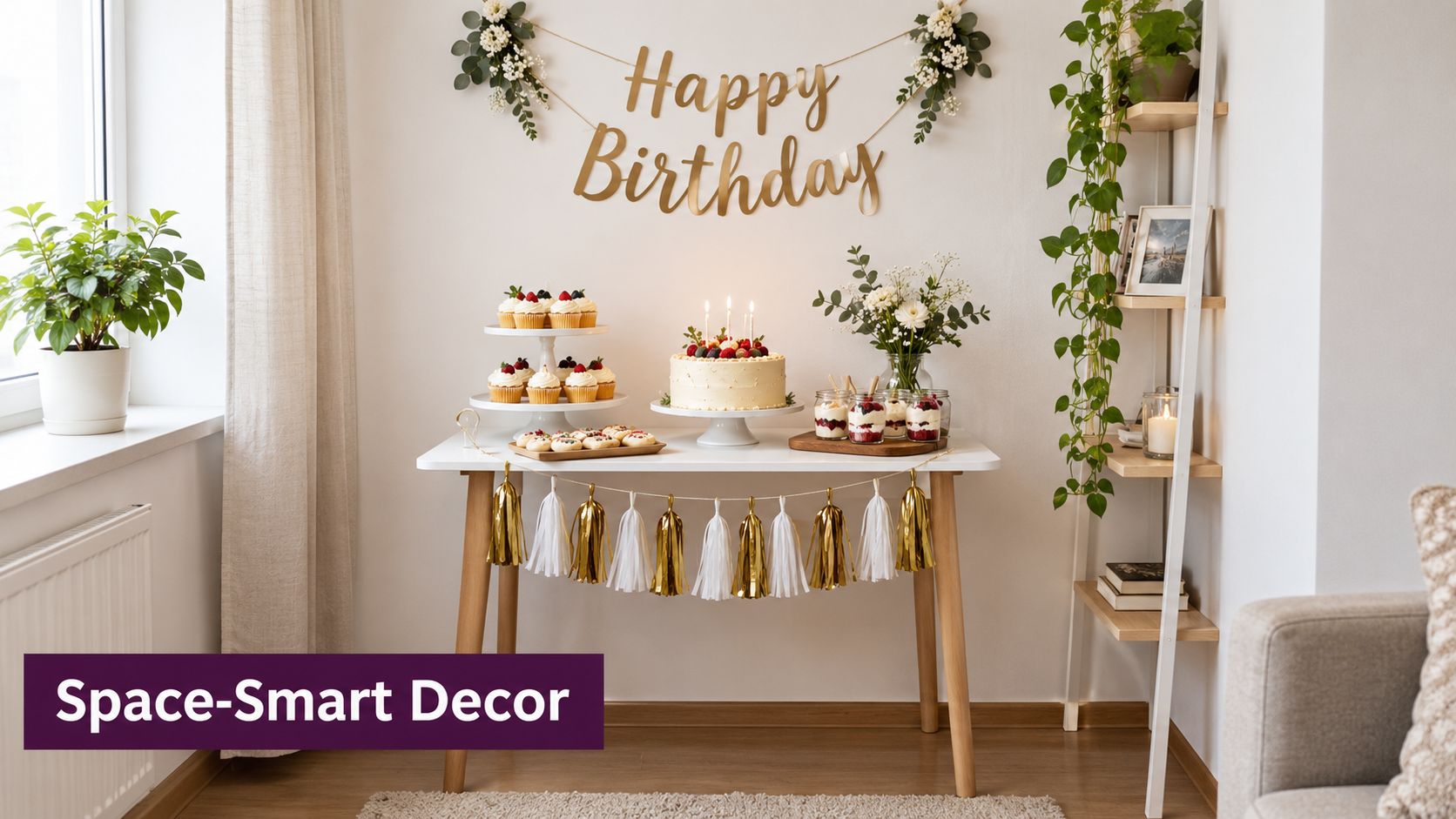 A minimalist birthday party display on a small table with cake, cupcakes, and elegant gold-themed decorations.