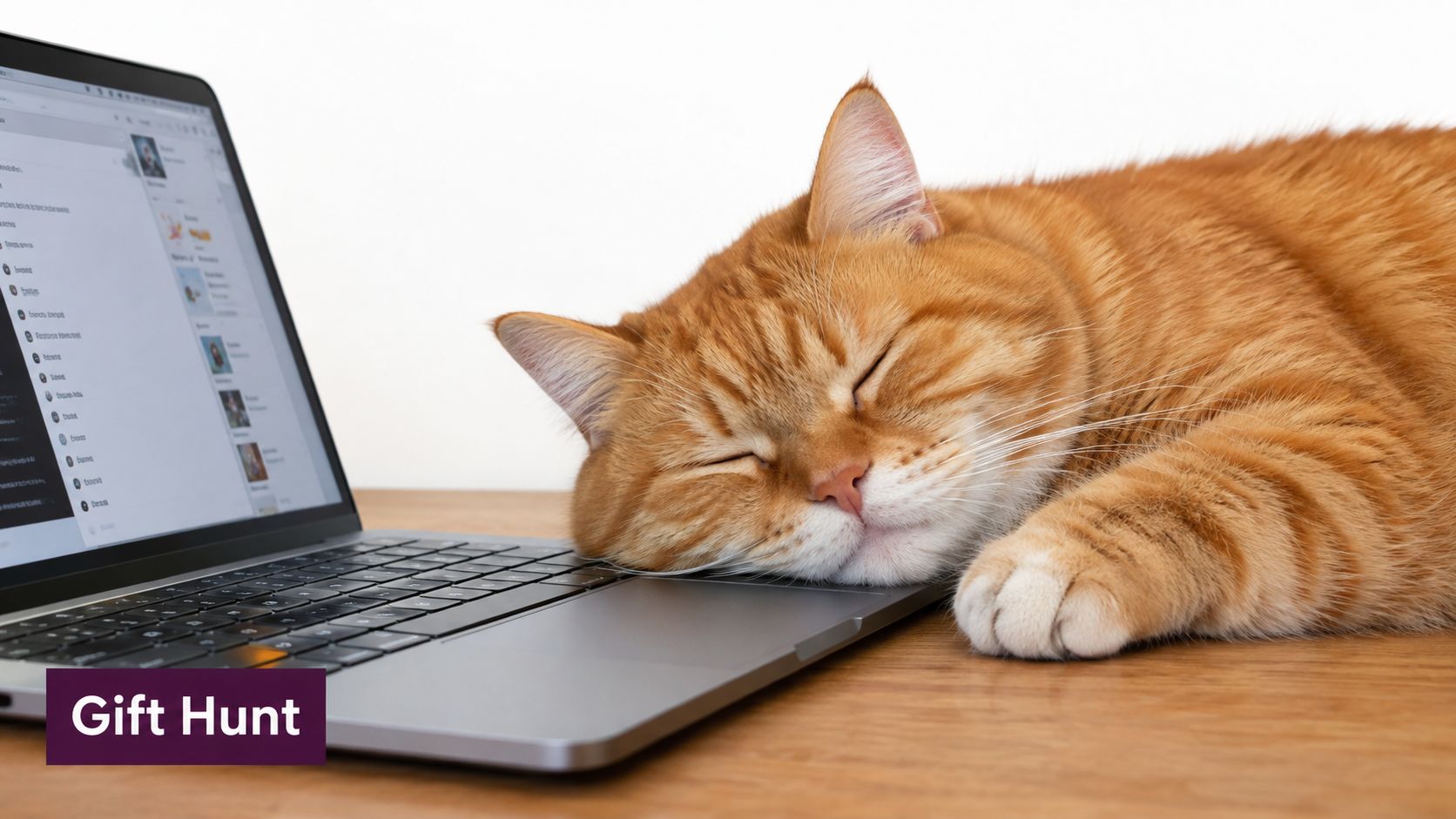 A fluffy ginger cat sleeping peacefully on top of a laptop keyboard on a wooden table.