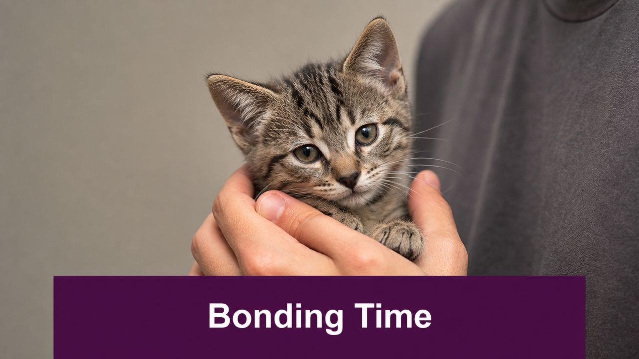 A gentle pair of human hands holding a small, adorable tabby kitten against a neutral background.