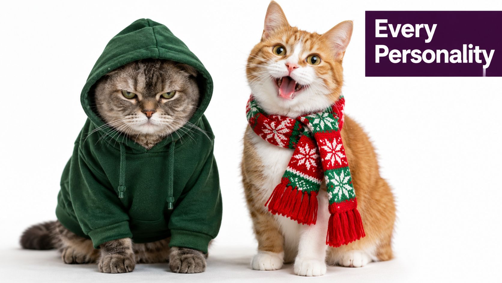 A grumpy grey cat in a green hoodie next to a happy ginger cat wearing a scarf.