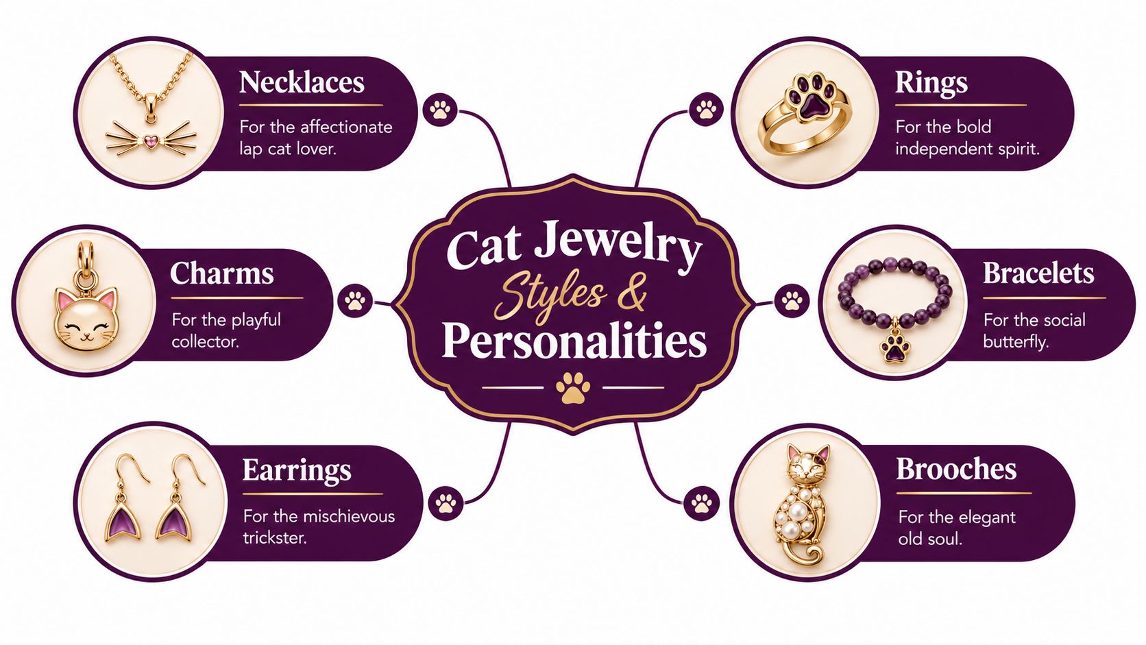 A diagram categorizing various cat themed jewelry styles like necklaces and rings based on different personality types.