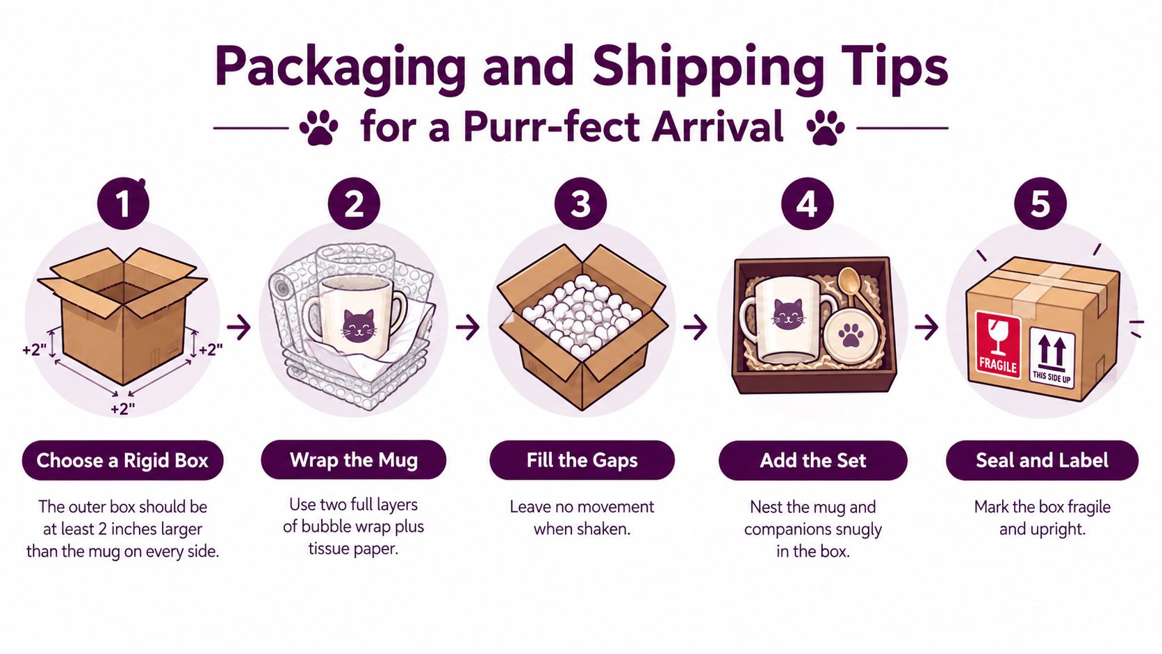 A five-step infographic showing how to safely package a coffee mug gift set for shipping.
