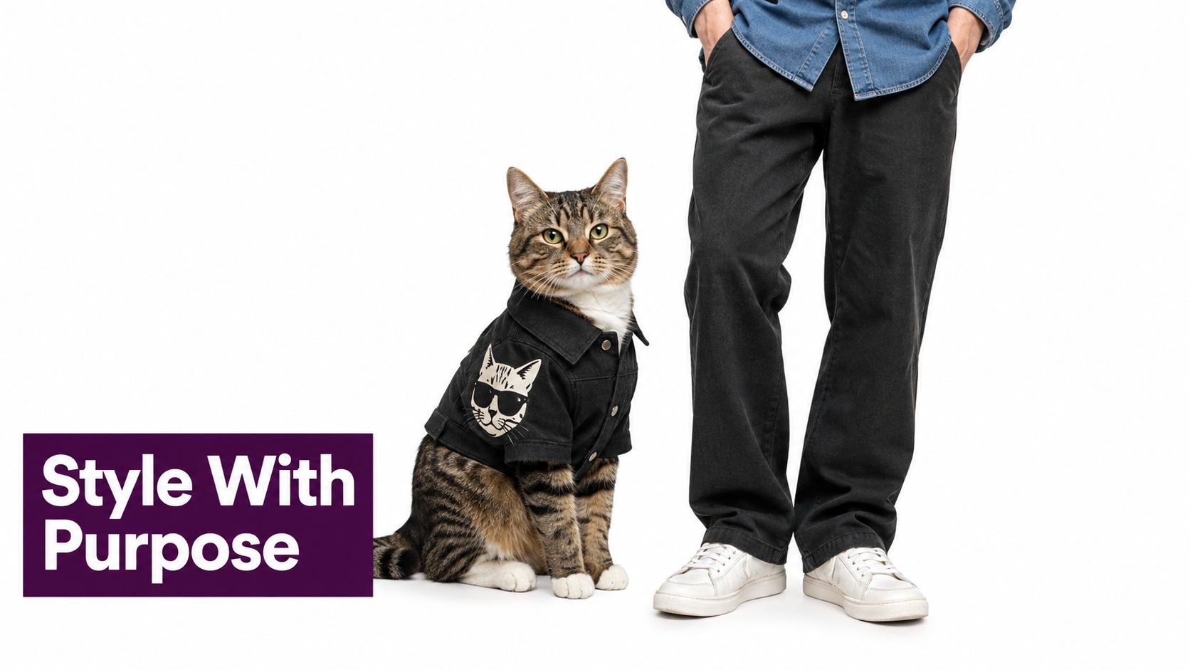 A brown tabby cat wearing a matching black denim workwear jacket beside a person standing outdoors.