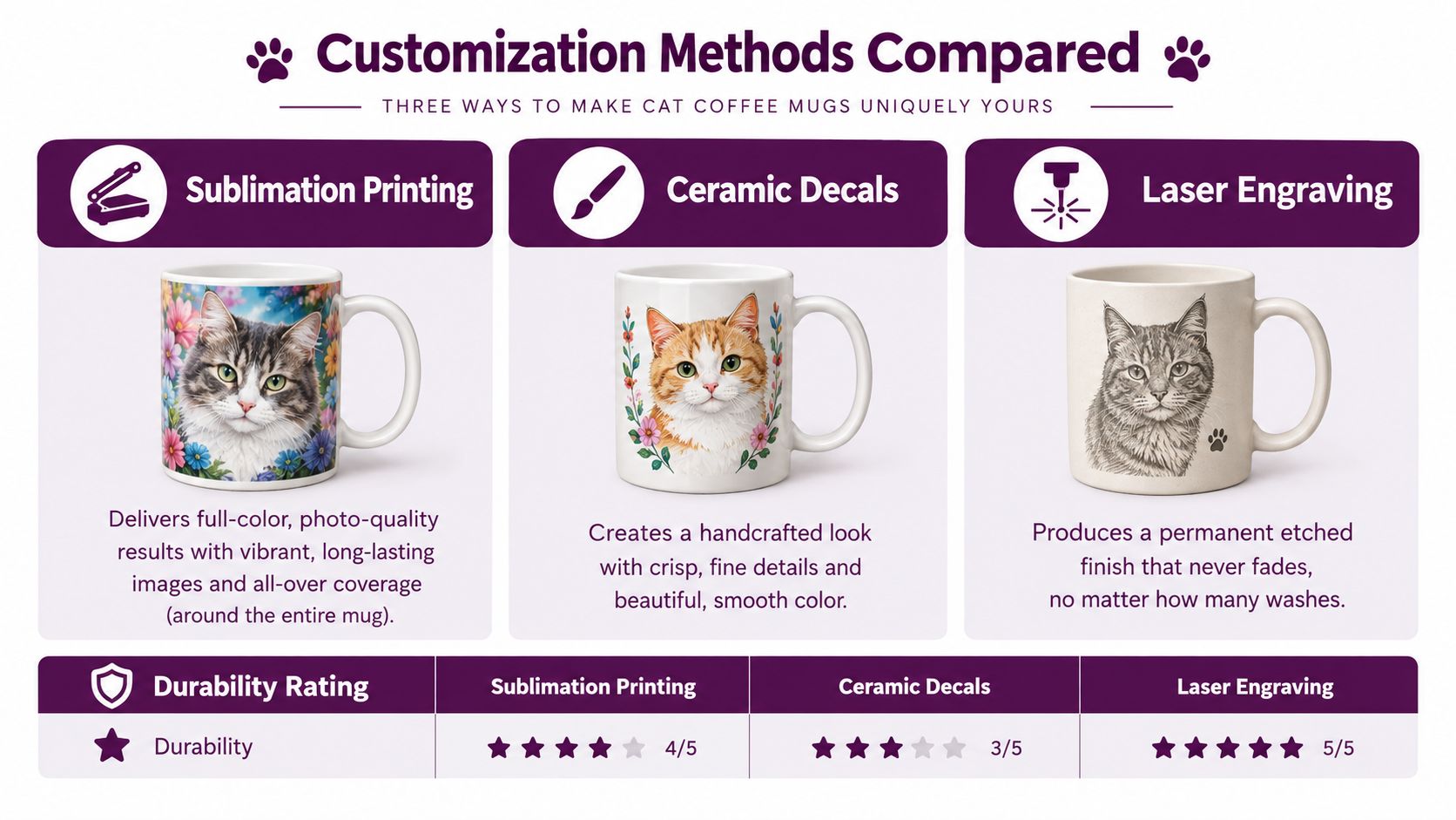 A comparison chart showing three methods for customizing cat coffee mugs: sublimation printing, ceramic decals, and laser engraving.