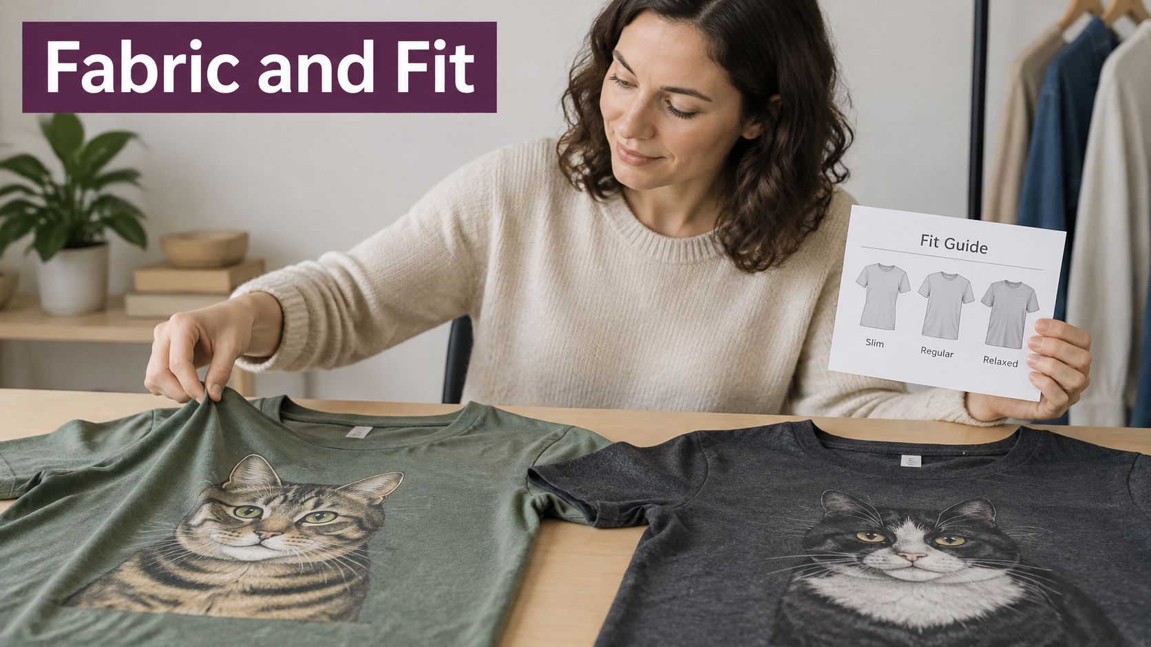 A woman holds a fit guide chart while displaying two t-shirts featuring cute cat portraits on a desk.