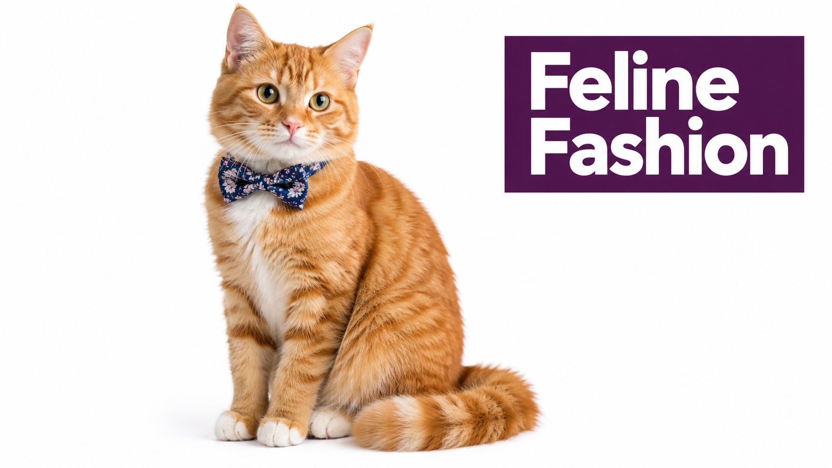 A ginger cat wearing a blue floral patterned bow tie sitting against a plain white background.