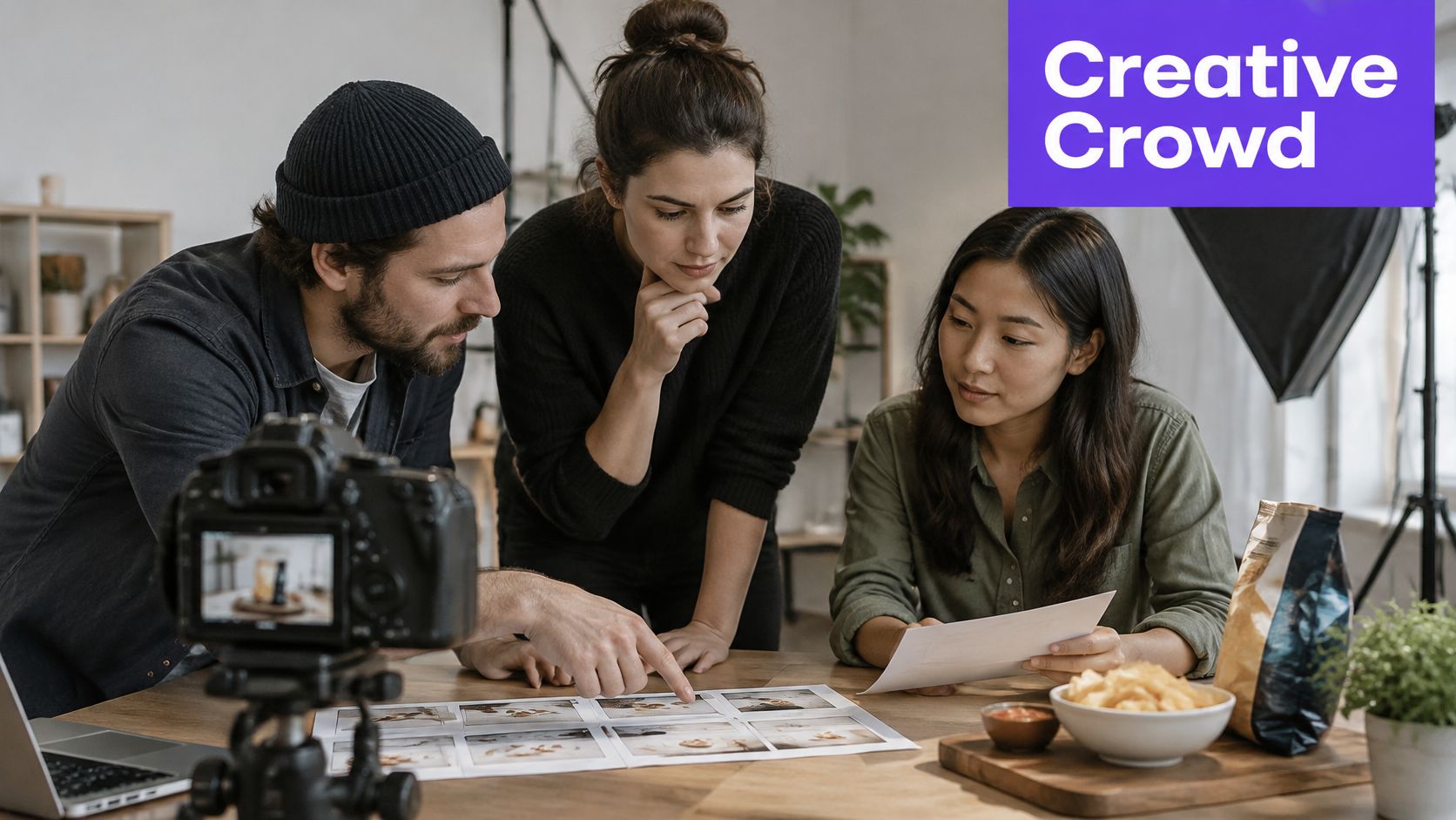 A diverse creative team collaborates on a visual marketing project while reviewing photo drafts at a desk.