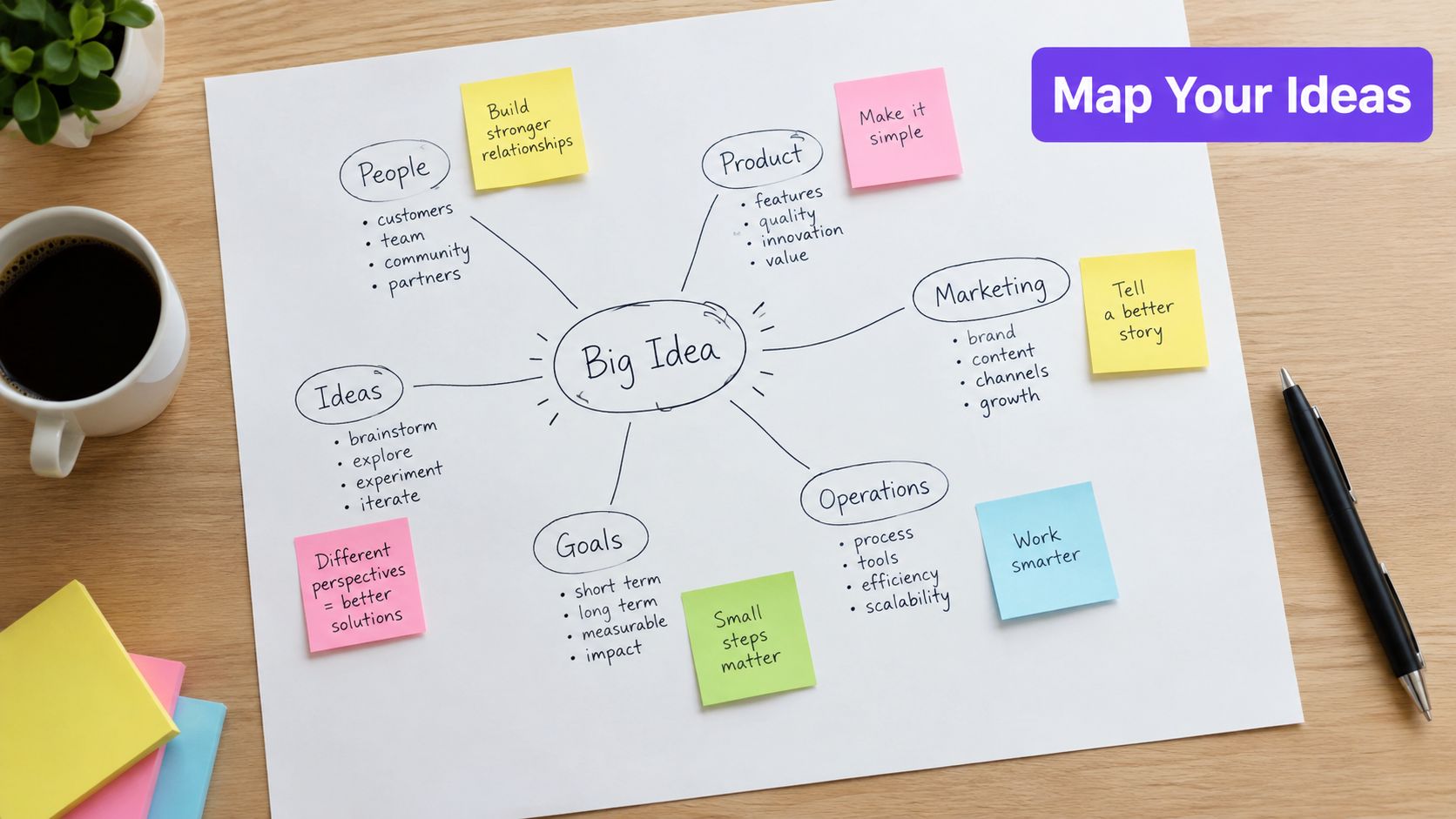 A hand-drawn mind map about big ideas with categories like people, product, marketing, and goals on paper.