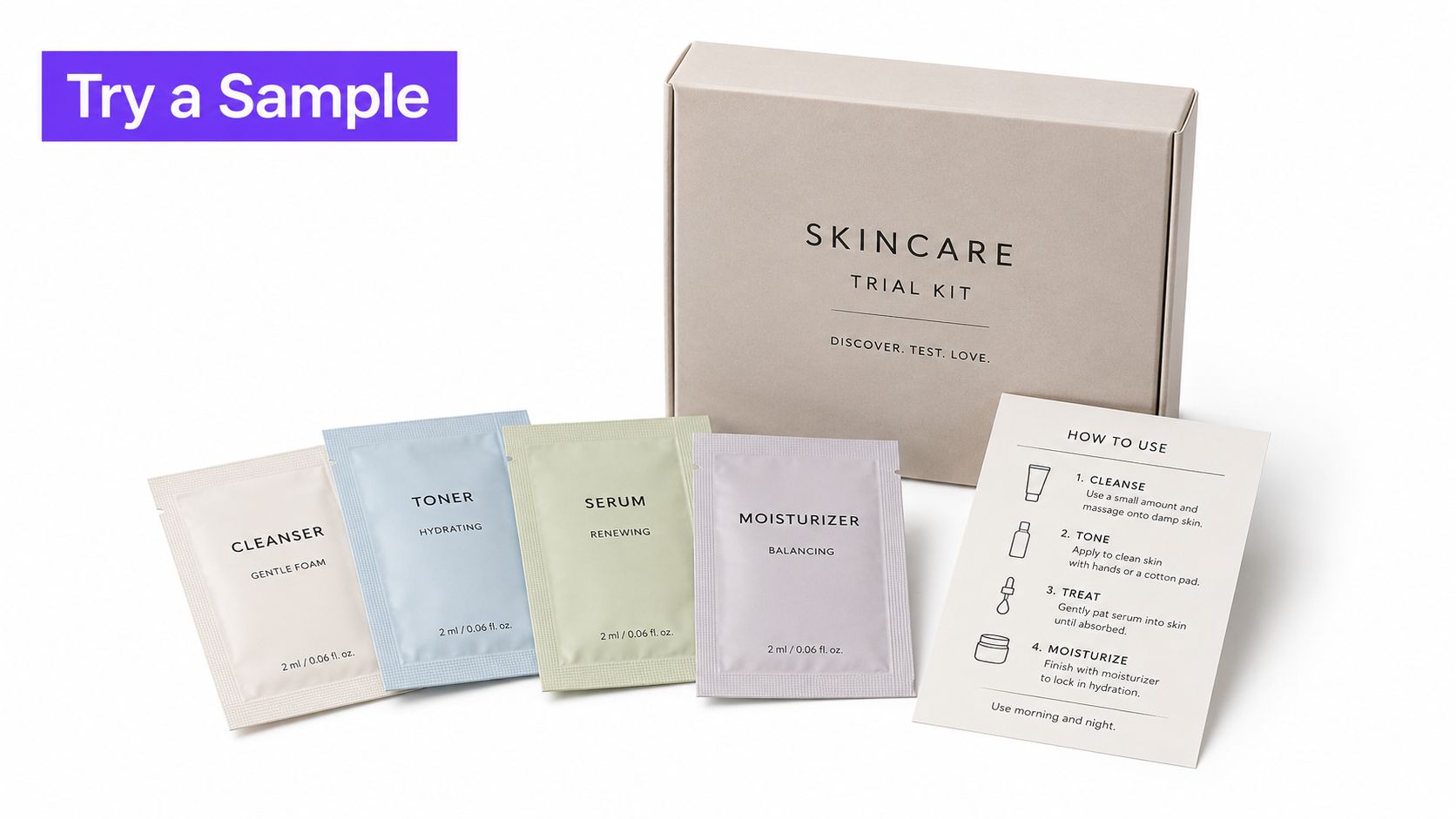 A skincare trial kit including four sample packets and an instructional card in a cardboard box.