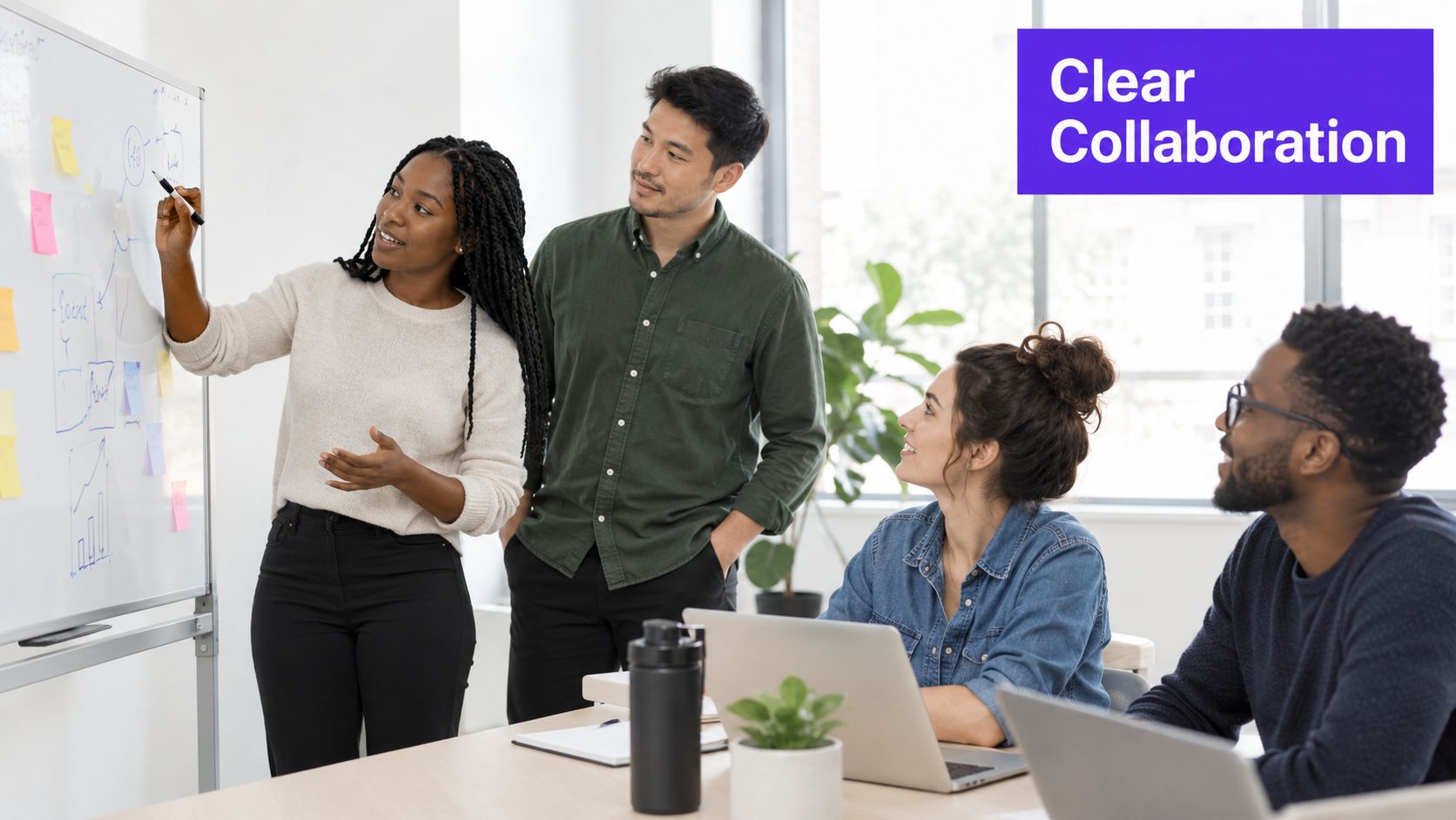 A diverse group of professionals collaborating and brainstorming new ideas during a creative team meeting in office.