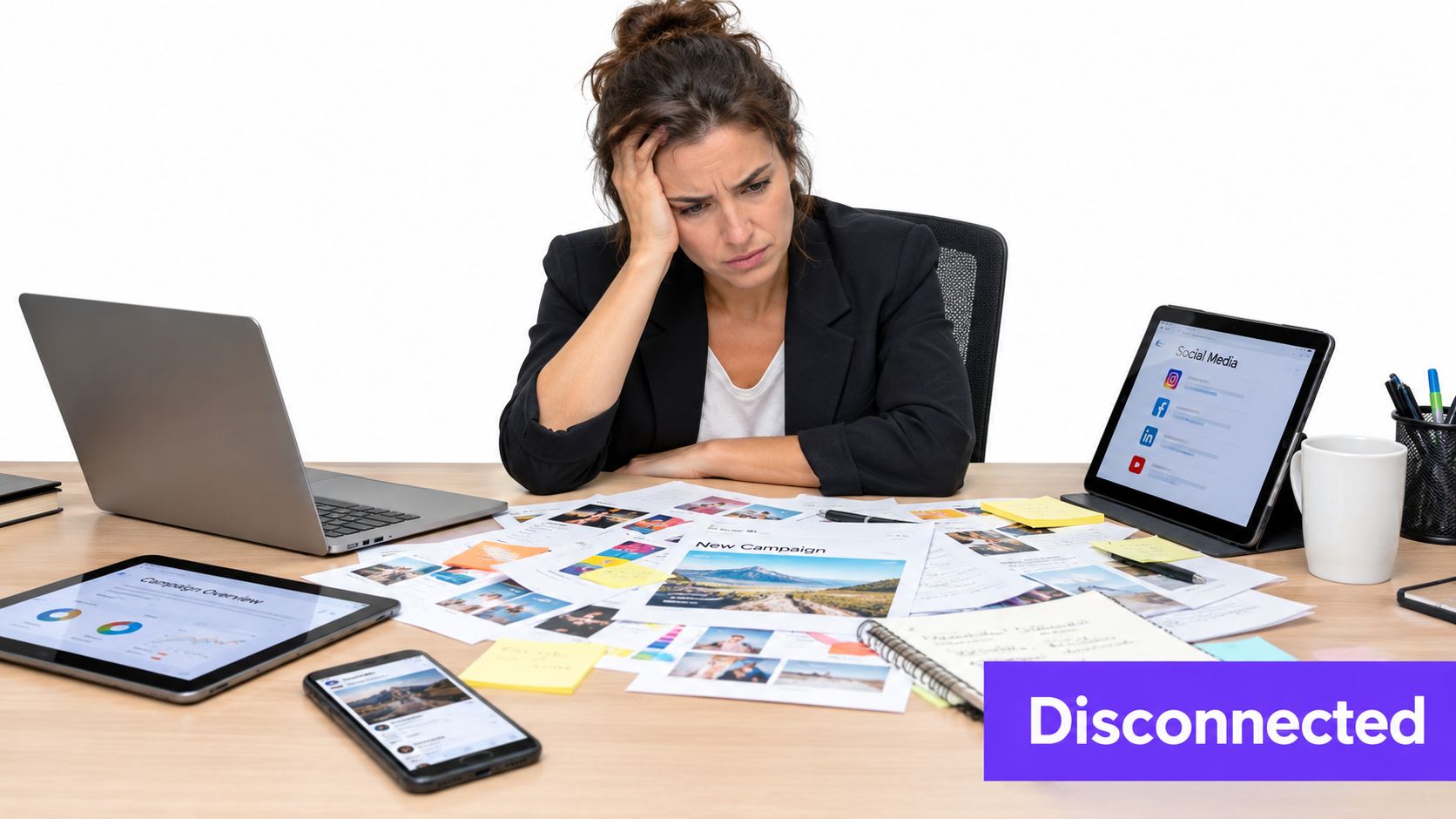 A stressed woman sitting at a messy office desk surrounded by multiple devices and marketing campaign papers.