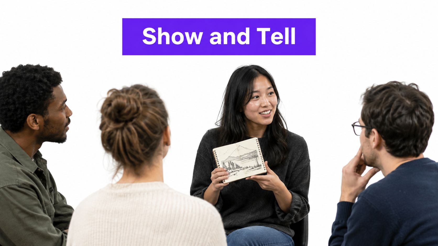 A diverse group of people sitting in a circle for a show and tell ice breaker activity.