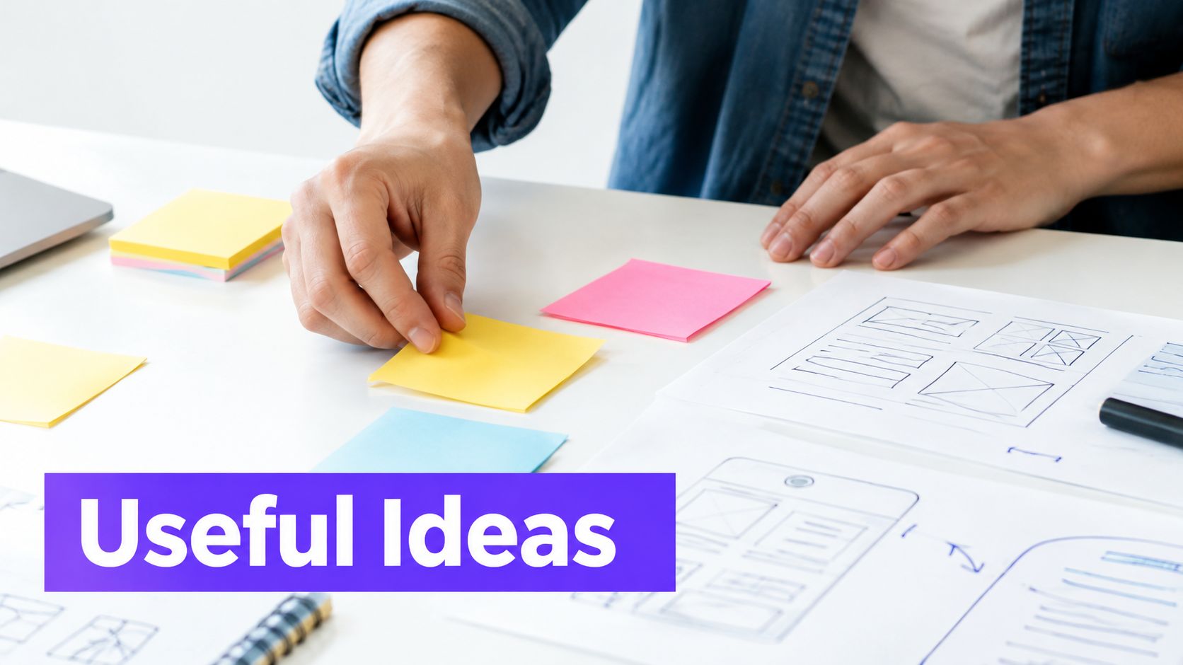 A person organizing colorful sticky notes on a desk next to sketches of website layouts.