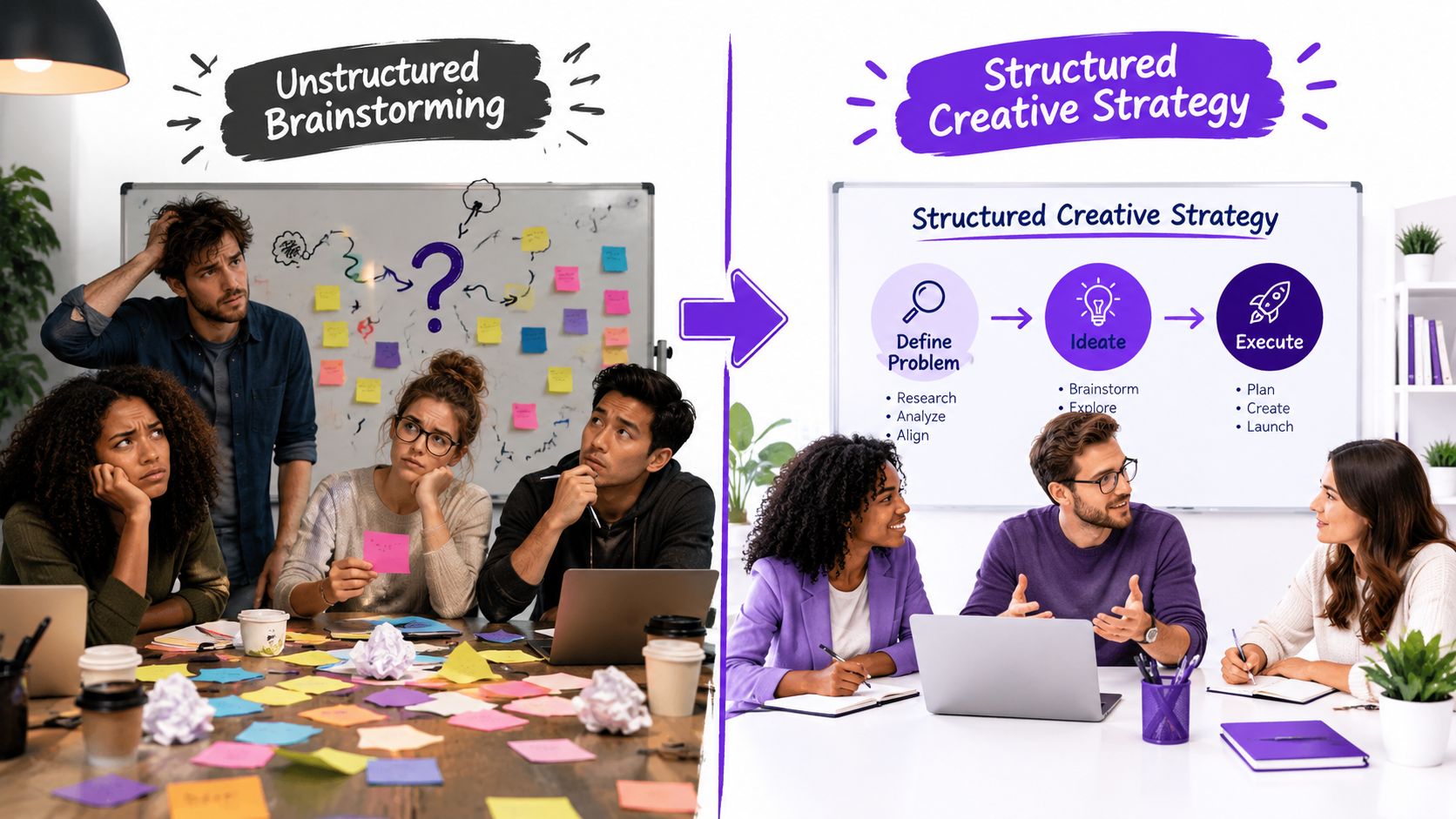 A split image comparing chaotic unstructured brainstorming with a clear, organized structured creative strategy business process.