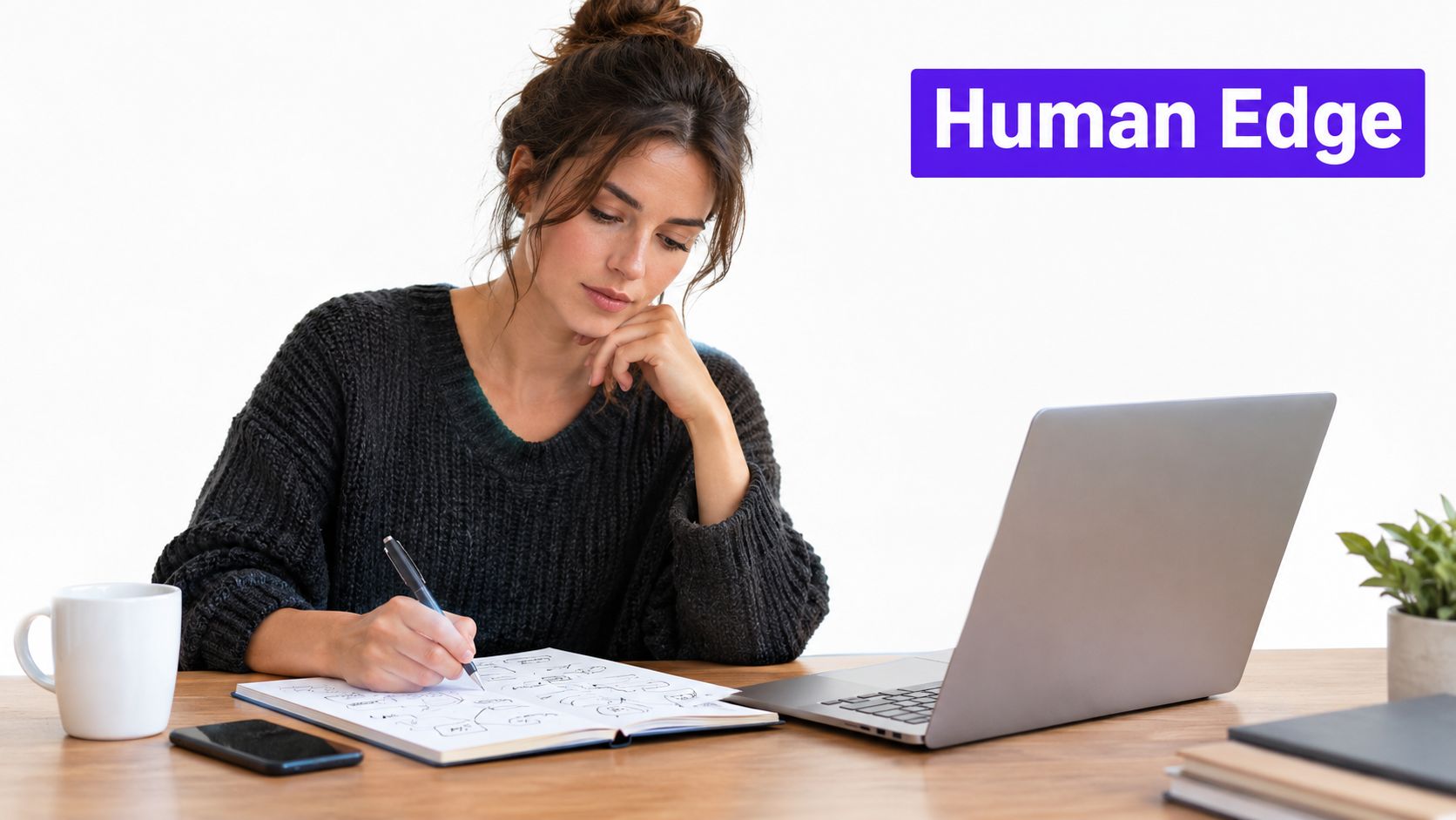 A young woman writing in a notebook while looking at a laptop at a wooden desk.